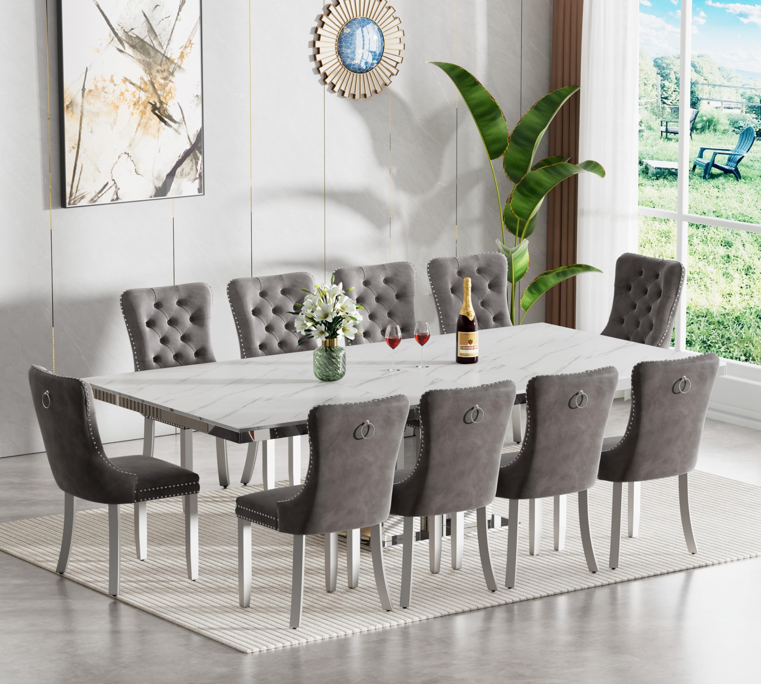 White Faux Marble Extendable Dining Table Set for 10 Mirrored Base