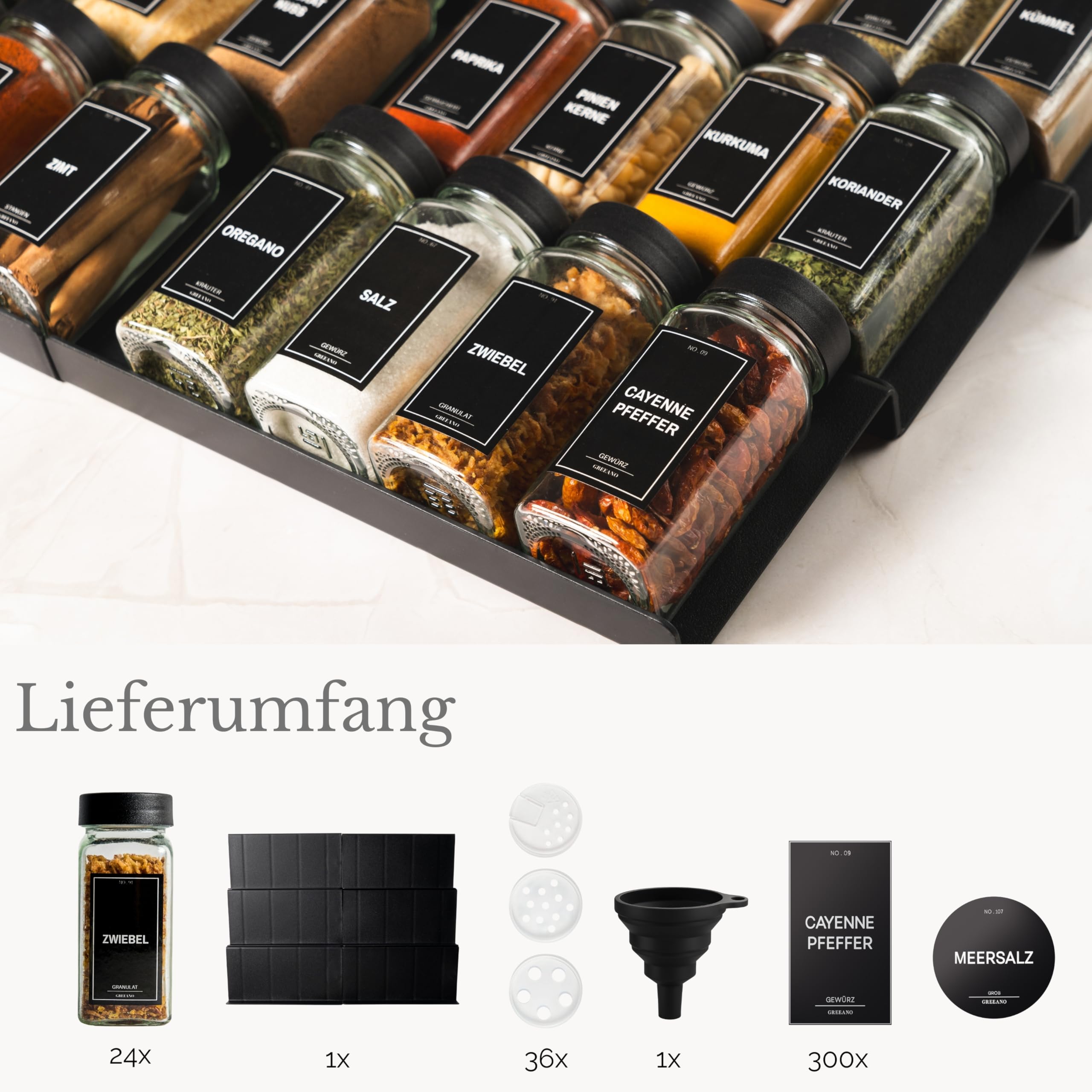 Gewürzgläser mit Regal [24 x 120ml] inkl. 300 Gewürzetiketten [DE] - Gewürzregal mit Gläsern - Gewürz Organizer Schublade - Gewürzregal Schublade mit Gläsern Gewurzregalsystem Schwarz