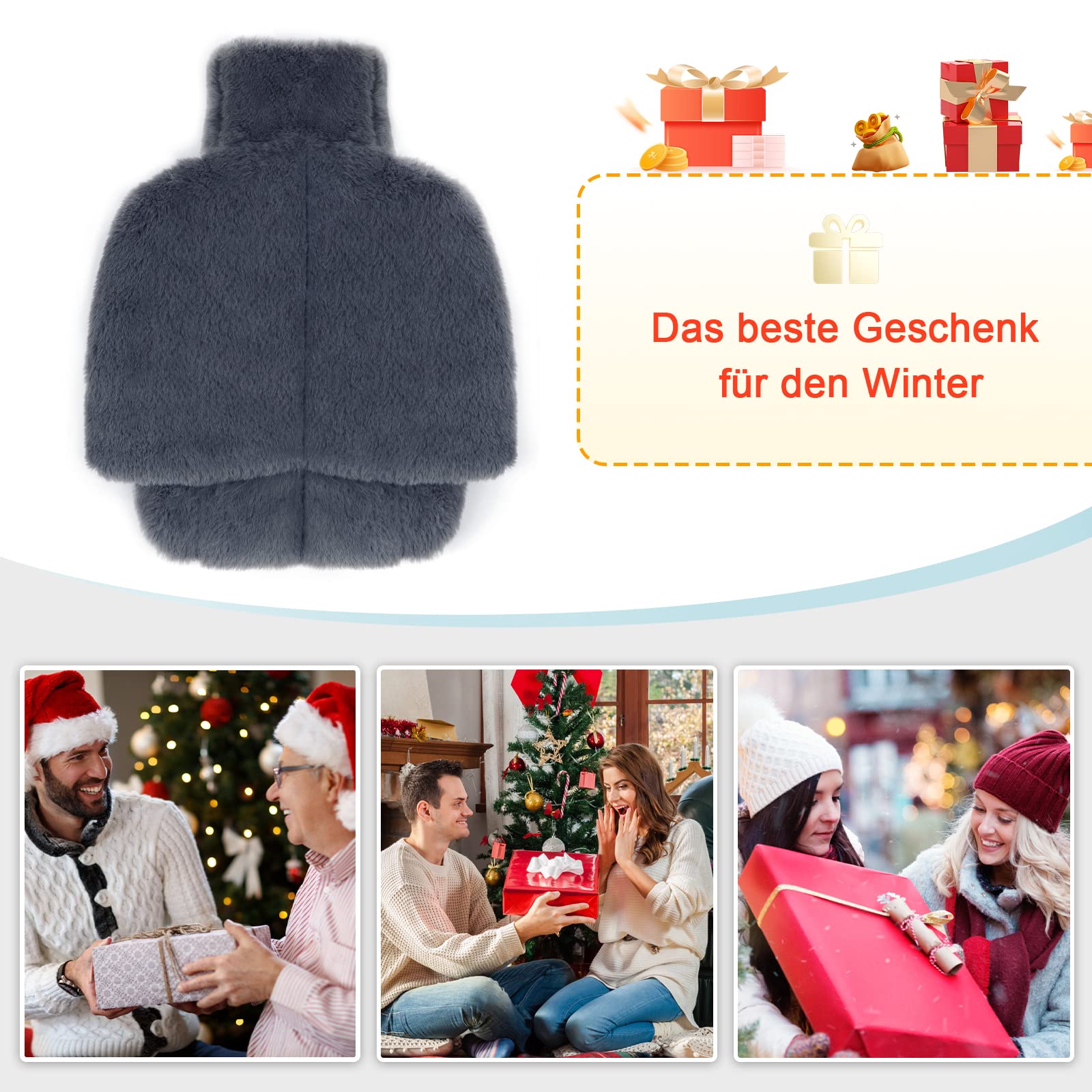 Podgrzewacz do stóp, 2 l, nieelektryczny, pluszowy termofor stopa, do prania, 40 x 36 cm, dla kobiety i mężczyzny (szary)