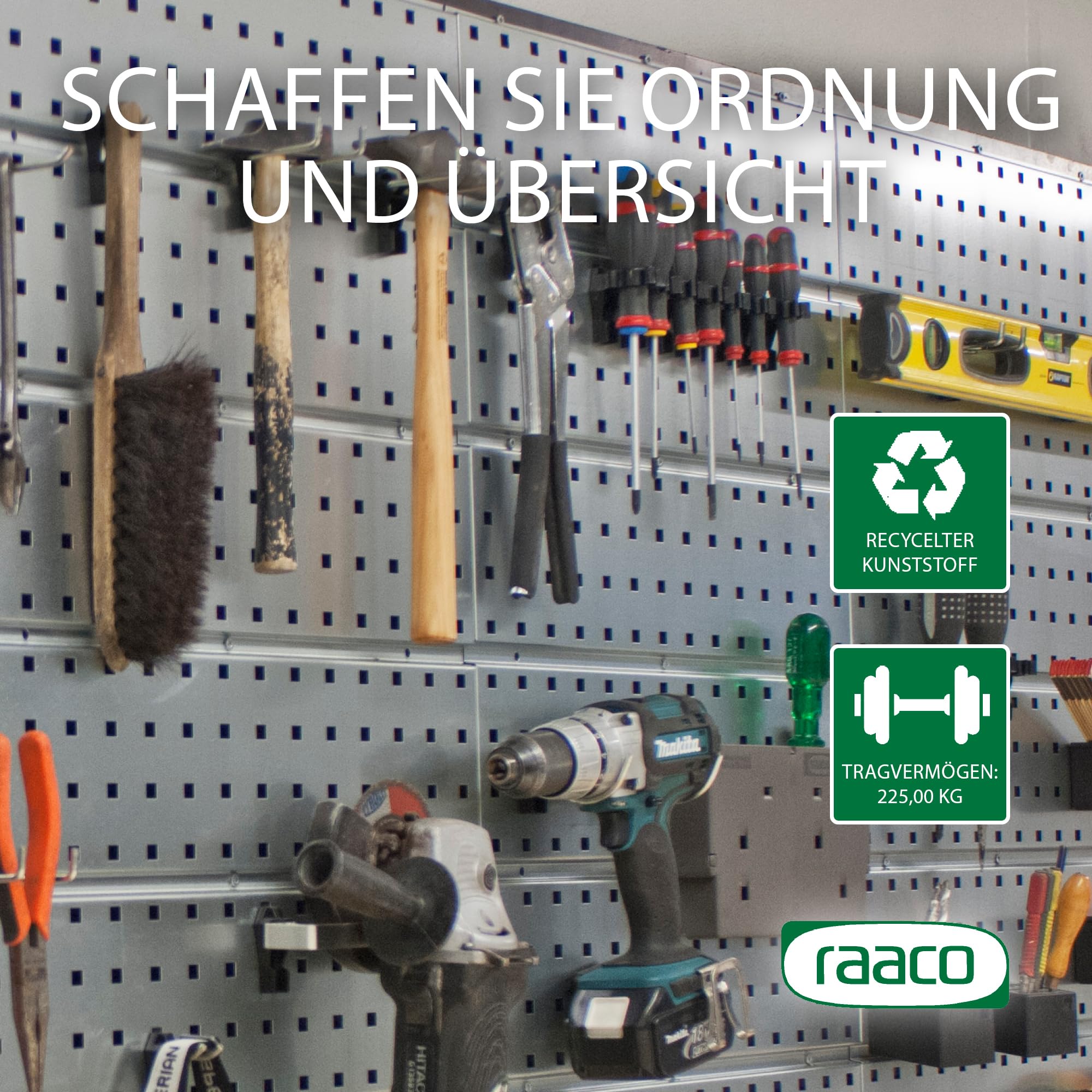 Raaco 3 TWP Set Verzinkte Werkzeugwand - Lochwand Werkstatt mit 44 SuperClips, 156 x 44 cm, 225 kg Tragfähigkeit, 3 Lochplatte, Werkzeughalter Wand, Werkstatt Ordnungssystem, Werkstatteinrichtung