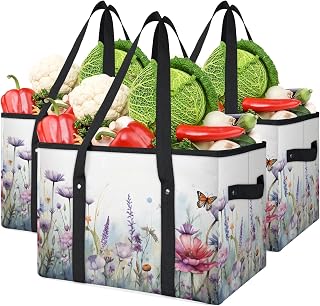 Cute Florals Reusable Grocery Bags Foldable Shopping Bags Storage Bins Basket Large Grocery Tote Bag Foldable Shopping Bag with Reinforced Bottom & Handles for Clothes Shoes Picnic, 1pcs