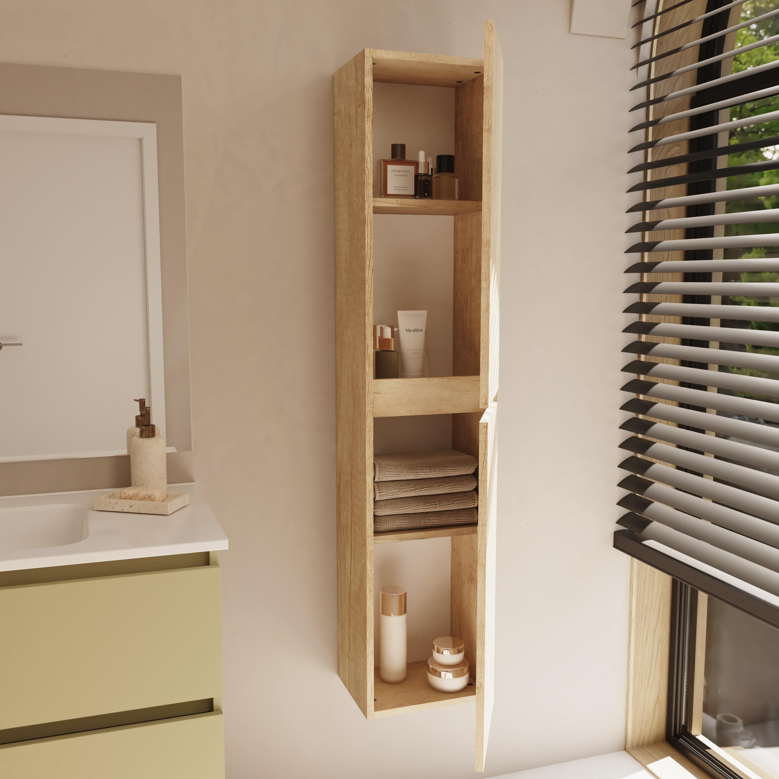 Baikal Columna de Baño, Estanterias. Armario de Baño, Armario Alto. Mueble Auxiliar. Entrega en Kit. Cerrada 30 x 140 cm Nature