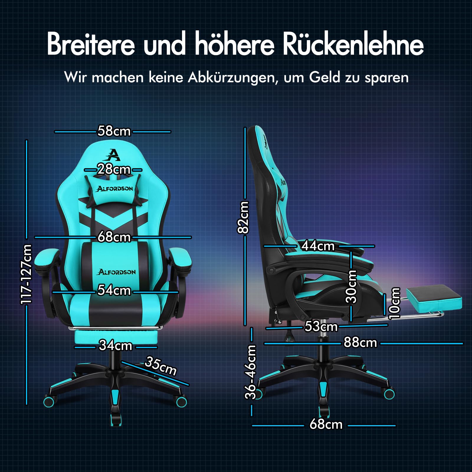 ALFORDSON Gamer-Stuhl Gamer Stühle RGB LED Racing PC-Gaming-Sessel Massage Bürostuhl ergonomisch Schreibtischstuhl Fußstützen, 90-150°Neigungswinkel,180 kg belastbar, Cyan