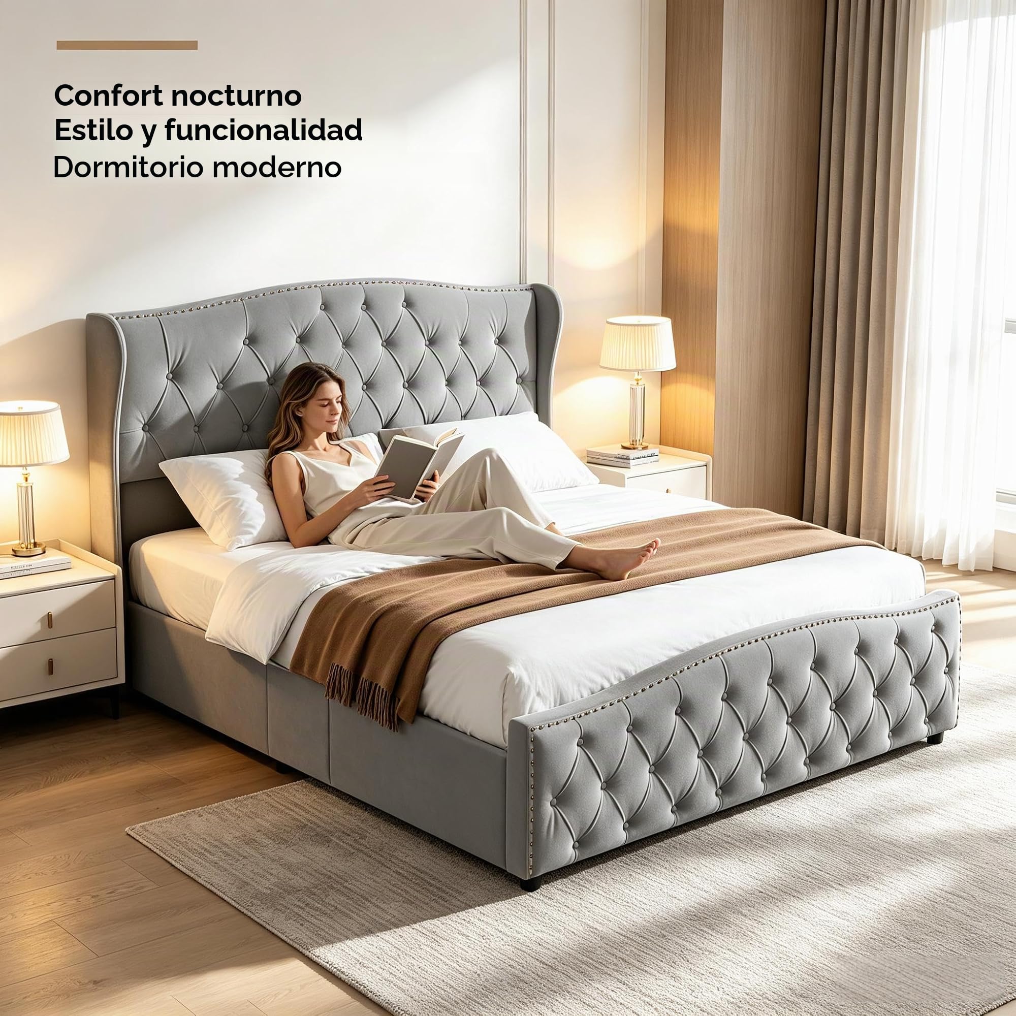 Cama matrimonial de 140 x 200 cm con patas de listones, cama con cajón de 140 x 200 cm con contenedor hidráulico, cama tapizada de 140 x 200 con cabecero para adultos y adolescentes (gris-1, 140 x 200