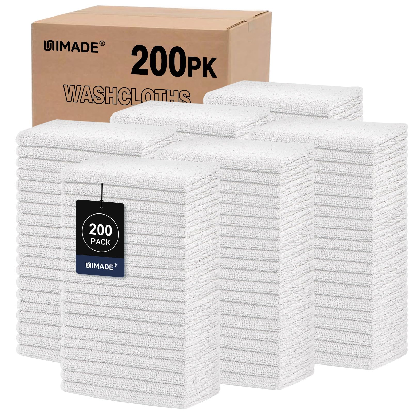 UNIMADE Lot de 200 débarbouillettes (30,5 x 30,5 cm) très douces et essuie-mains, Serviette en microfibre multi-usages à séchage rapide pour salle de bain, hôtel, spa et salon – Blanc