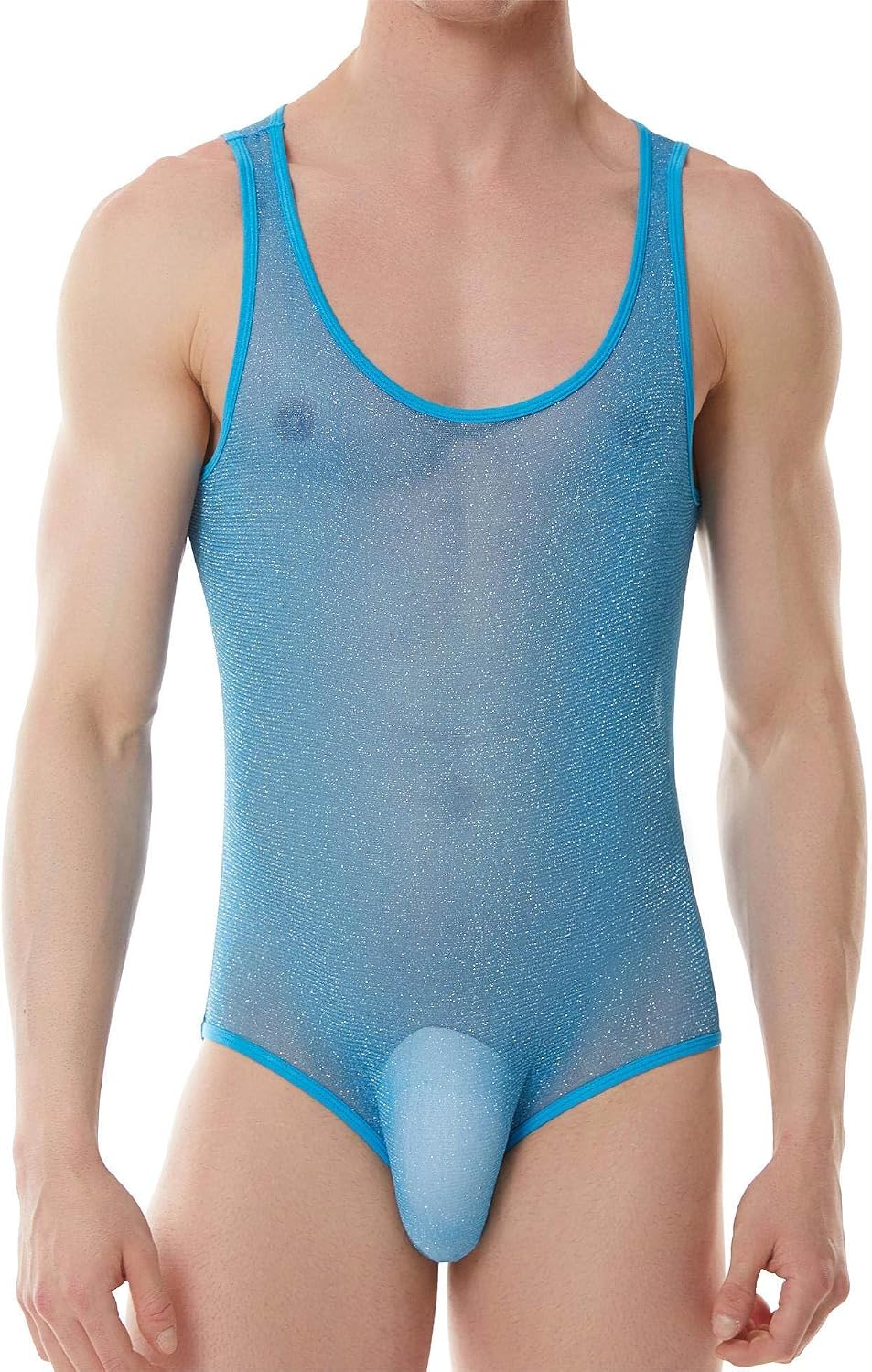 FEOYA Leotard for Mens Sissy Lingerie Shiny Sheer Sleeveless Bodysuit One Piece Mesh See Through Mankini Jumpsuit