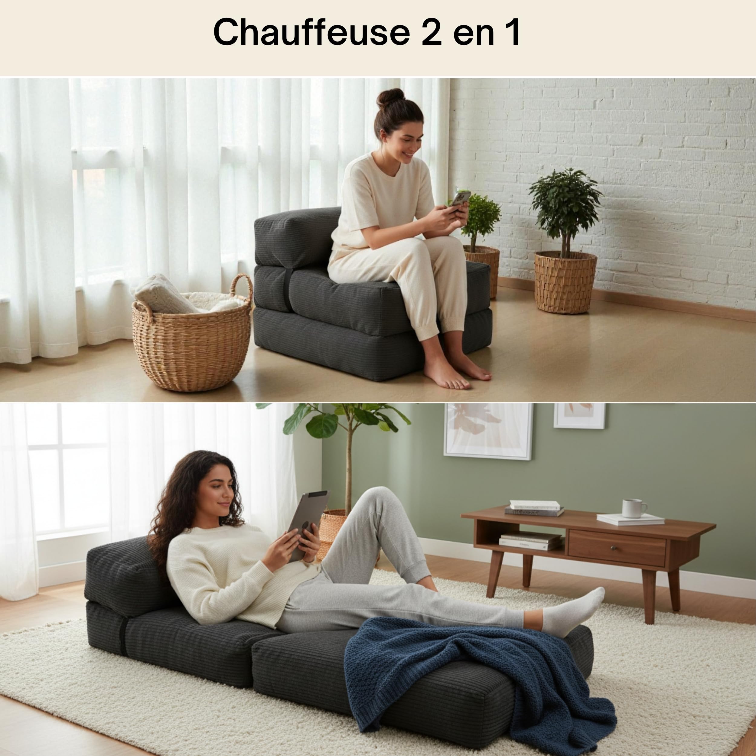 bananair - Chauffeuse 1 Place Adulte Convertible - Matelas d'Appoint Déhoussable en Velours Côtelé - Canapé Lit, Futon Pliable Pratique & Confortable, Rembourré en Mousse (70 x 190 cm, Gris Foncé)