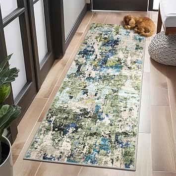 2x6 Runner Rug Washable, Soft Modern Abstract Kitchen Runners for Hallway Laundry Room, Ultra-Thin Non-Slip Rug Runners for Entryway Bedroom Green/Blue Multi, 2x6