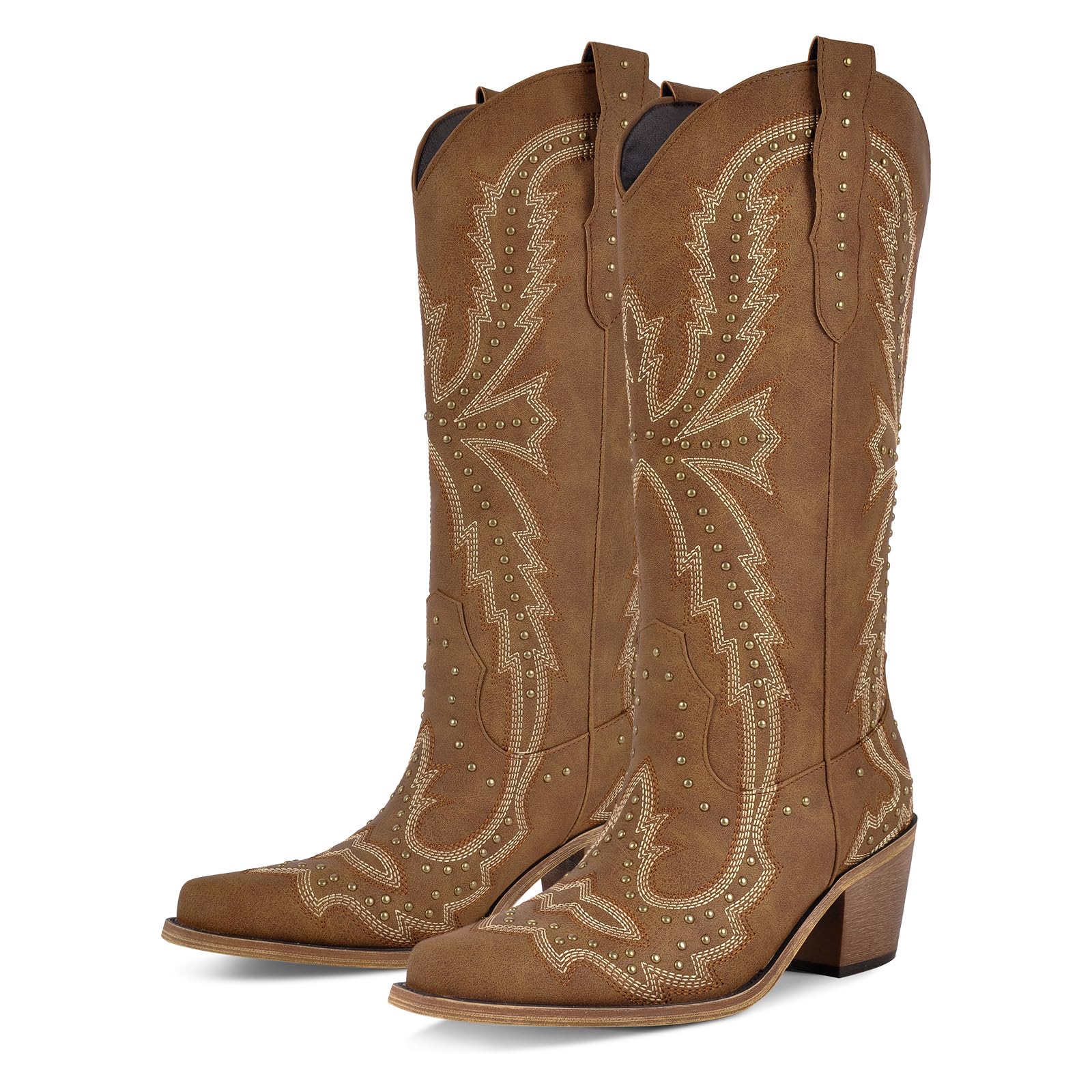 Richealnana Womens Cowgirl Round Roe Short Boots Embroidered Boots Chunky Heels
