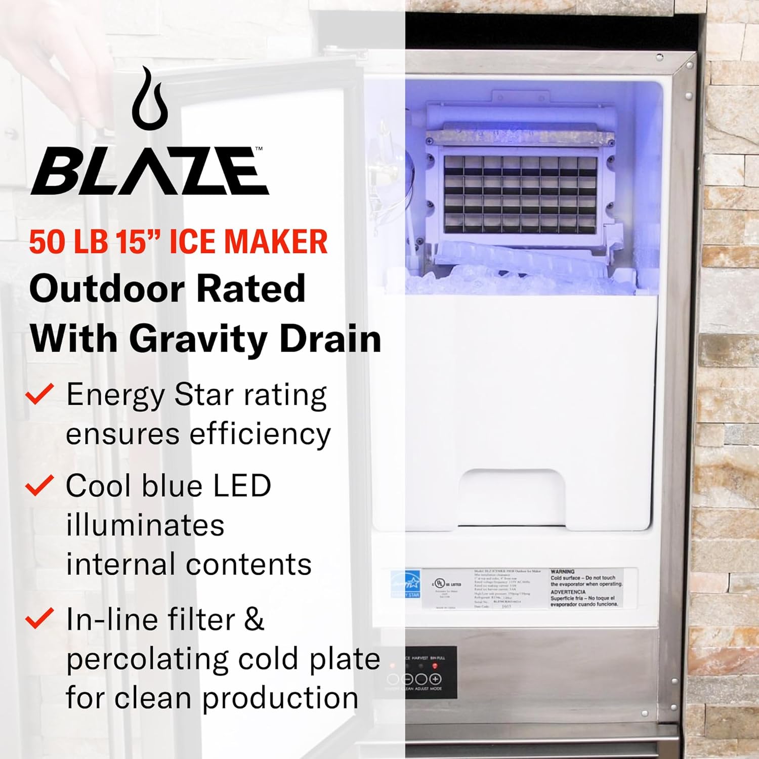 Blaze 50 Lb. 15-Inch Outdoor Rated Ice Maker with Gravity Drain - BLZ-ICEMKR-50GR