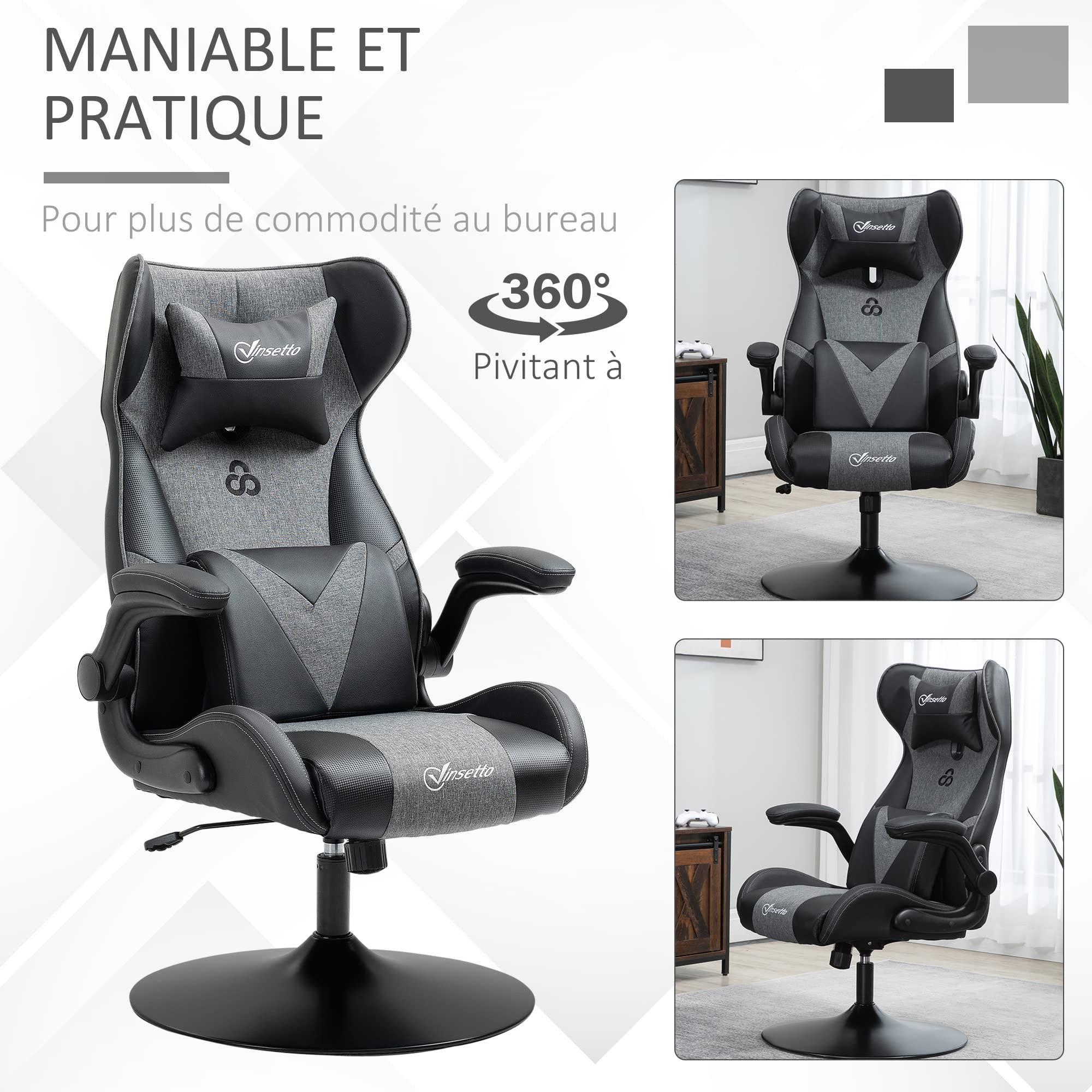 Vinsetto Chaise de Gaming Ergonomique avec Base Ronde Hauteur réglable accoudoir relevable Coussins tétière et lombaires PU Gris Noir