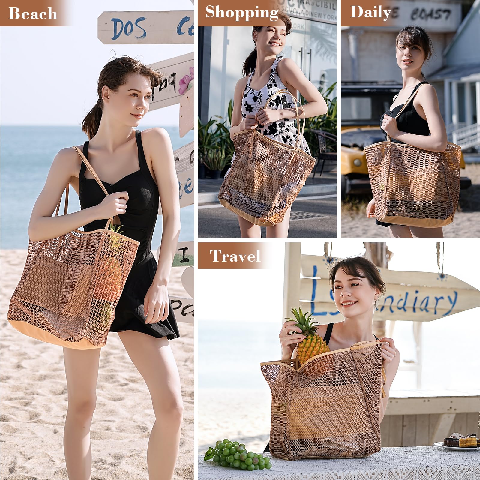 Bolsa de playa de malla, bolsas de playa para mujer, bolsa de playa tejida de paja impermeable con bolsillo interior, bolsa de playa plegable, Caqui, Talla única 7
