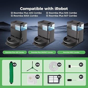 Yivy 28PCS Accessories for iRobot Roomba Plus 405/505/505X/507 Combo Robot Vacuum Cleaner, Replacement Parts Contents 2 Roller Brushes, 6 Side Brushes, 6 Dust Bags, 4 HEPA Filters, 8 Mop Pads