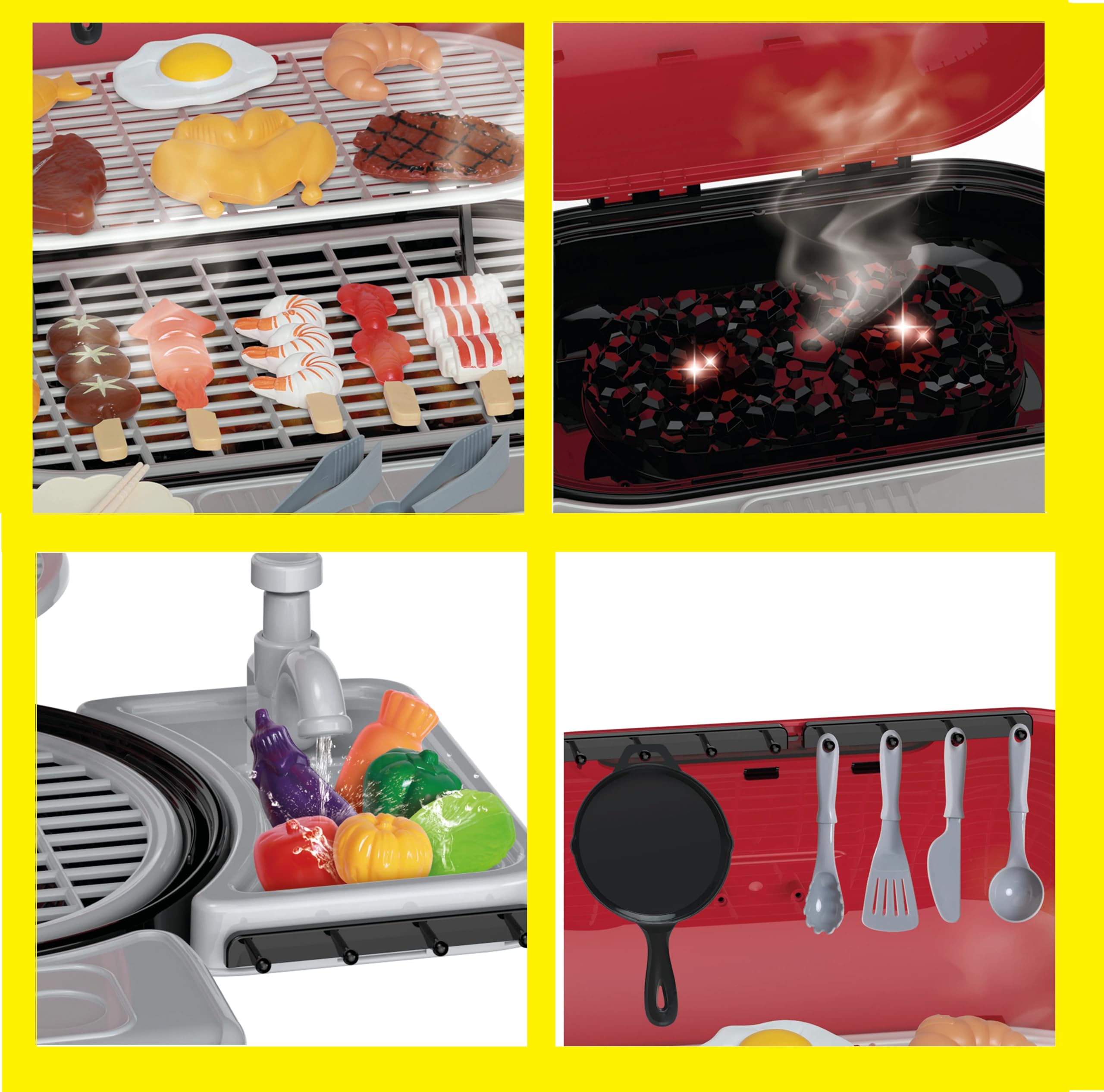 Barbecue Giocattolo Grill con Effetto Fumo Luci Suoni Realistici di Cottura Rubinetto Funzionante ad Acqua Griglia BBQ Barbeque da Cucina con Fumo Grill per Bambini con Accessori Cibo da Grigliare (A)
