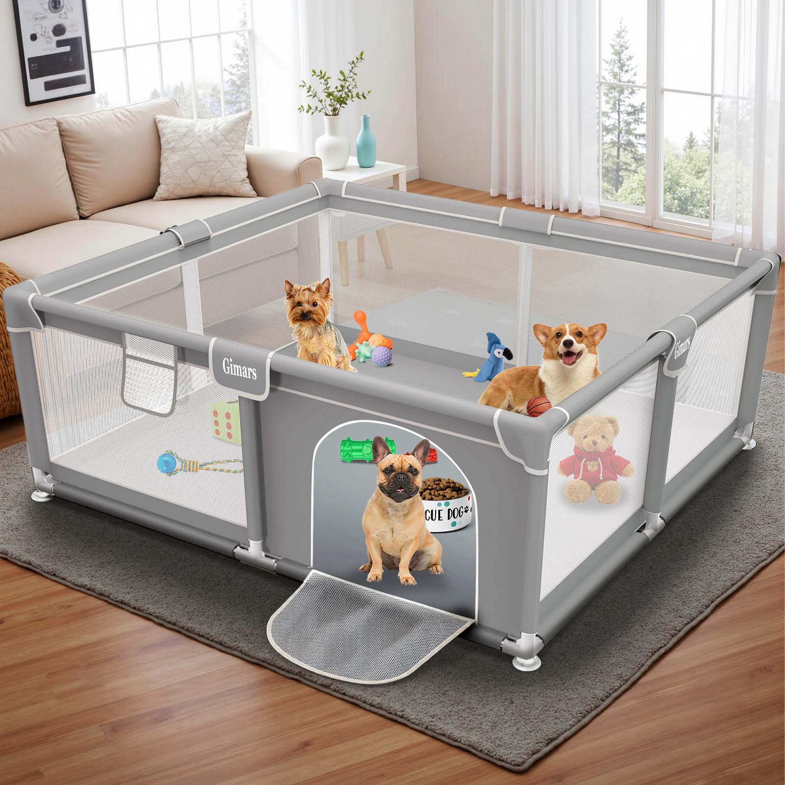 50x50x26 Inches Puppy Playpen with Gate, Dog Playpen for Puppies or Small Dogs, Sturdy Safety Dog Fence Pet Playpen with Thickened Fabric, High-Strength Nylon Wire Mesh for Indoor & Outdoor,Washable