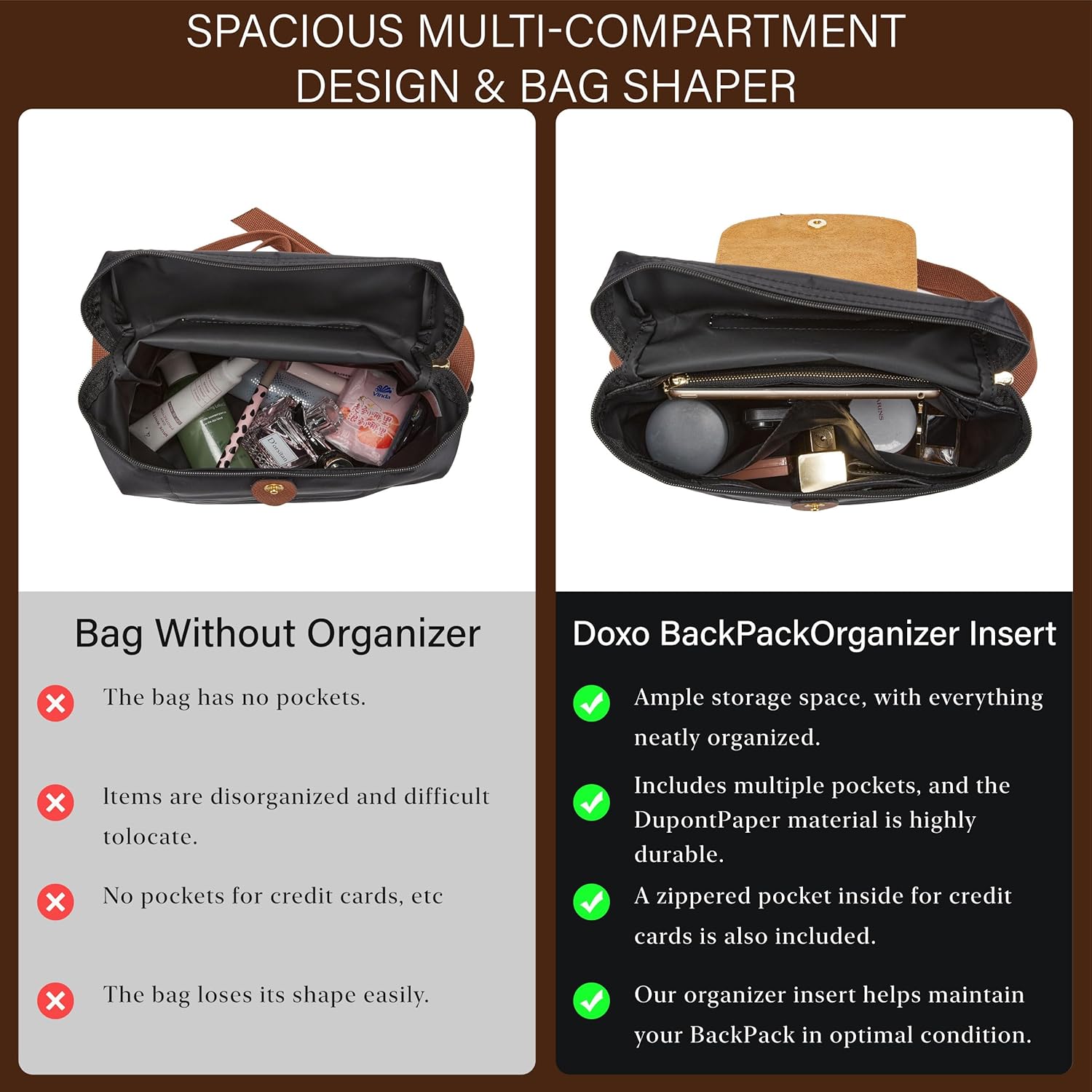 Doxo Upgraded Backpack Organzier Insert Compatible with Longchamp Le Pliage Backpack and More, Ultra-light Waterproof DupontPaper Bag Organizer (Full Black)