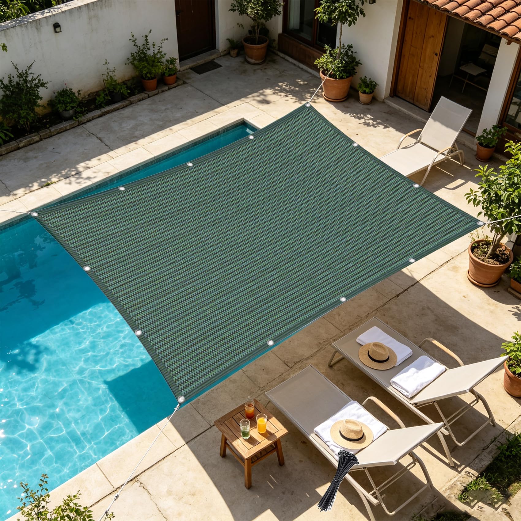 Sonnensegel mit Ösen 1 x 6 m 100% Polyester Uv-Beständiges, Wetterfest, Ohne Bohren, Leicht Haltbarkeit, Outdoor Schattierungsnetz Balkon mit Ösen für Balkon Terrasse, Dunkelgrün