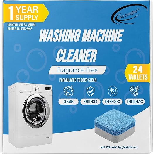 Air Jungles Washing Machine Cleaner Tablets 24 Count, Fragrance Free, Deep Cleaning Laundry Washer Drum and Tub, Compatible with Front and Top Load Washer, 12 Month Supply
