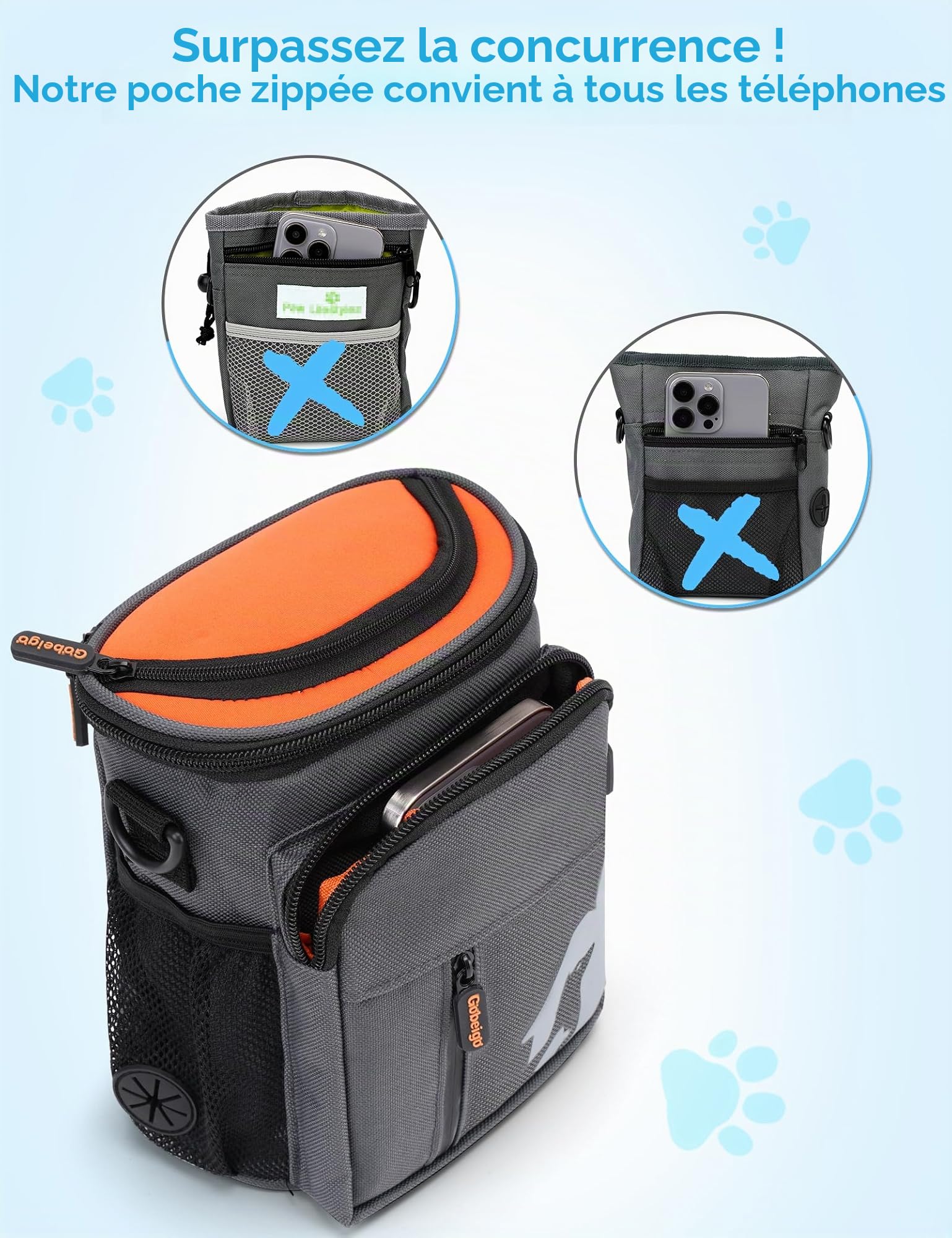 Gobeigo Sac à friandises pour chien 3 façons de le porter Grand format pour entraînement et marche, distributeur de sacs à déjections canines intégré