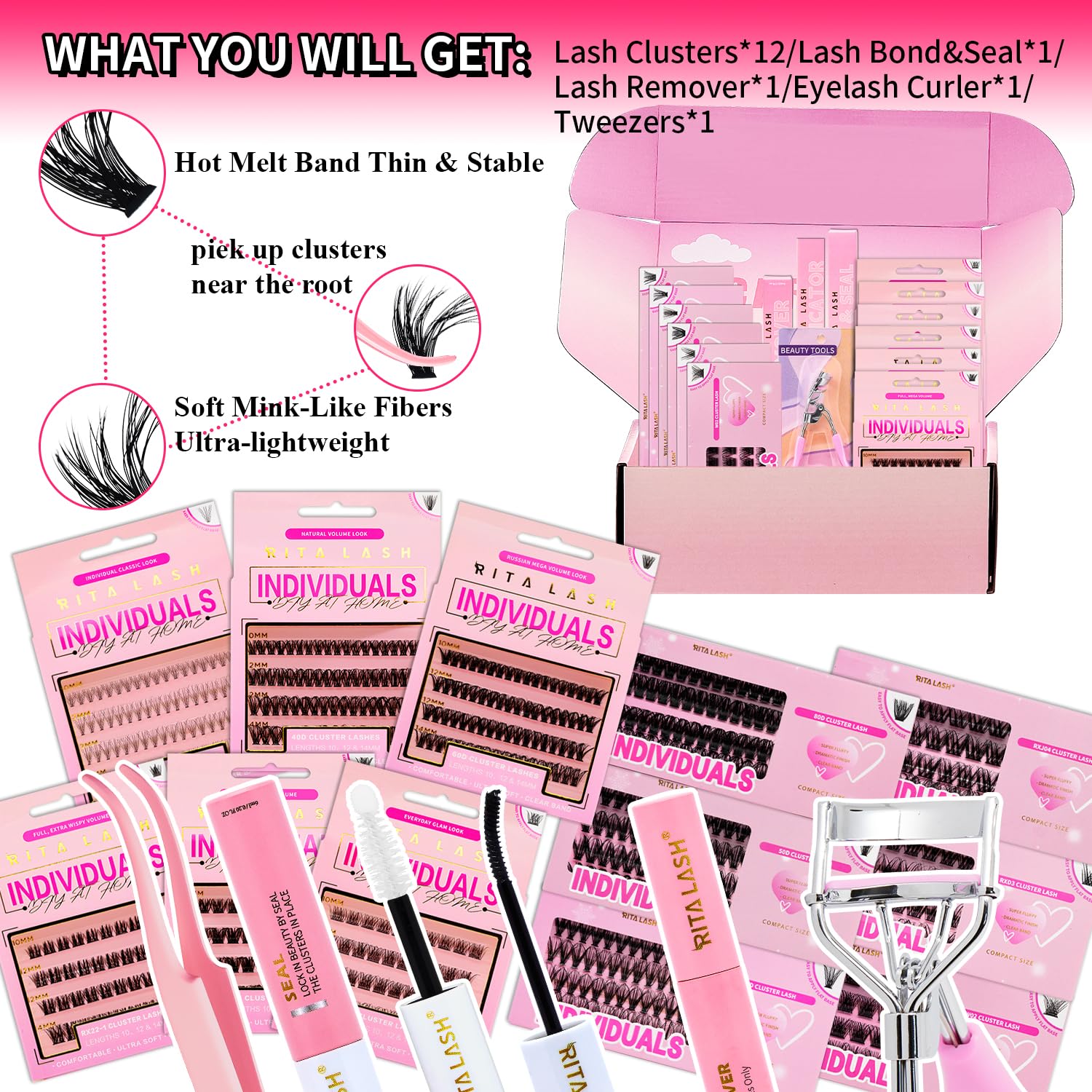 Lash Clusters Kit Lashes Clusters 12 Boxes Cluster Lashes Soft Eyelash Extensions Wispy Eyelash Cluster with Lash Bond and Seal,Remover,Tweezers,Eyelash Curler(16 Counts Lash Kit) - Image 2