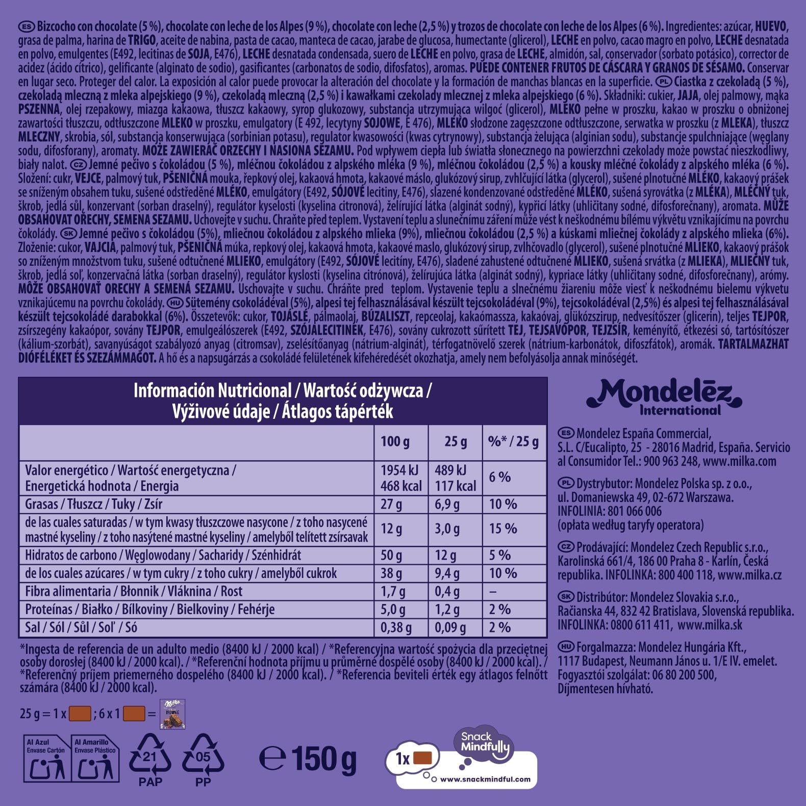 Milka Choco Brownie Bizcocho de Chocolate con Leche de los Alpes y Trozos de Chocolate con Leche, 150 g