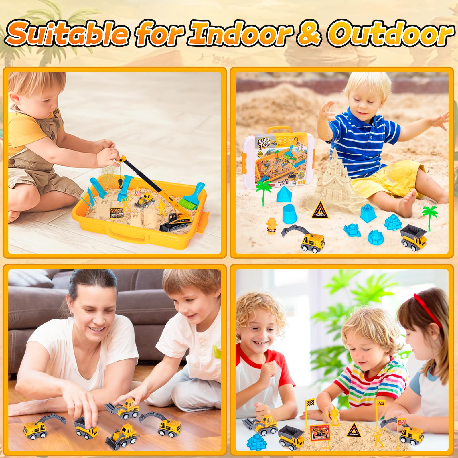 Thedttoy 2KG Arena de Modelar Mágica para Niños,Sitio de Construcción Caja con Grúa Juguete,Mini VehÍculos&Moldes,Sensoriales Juego de Arena Regalo para Niños Niñas