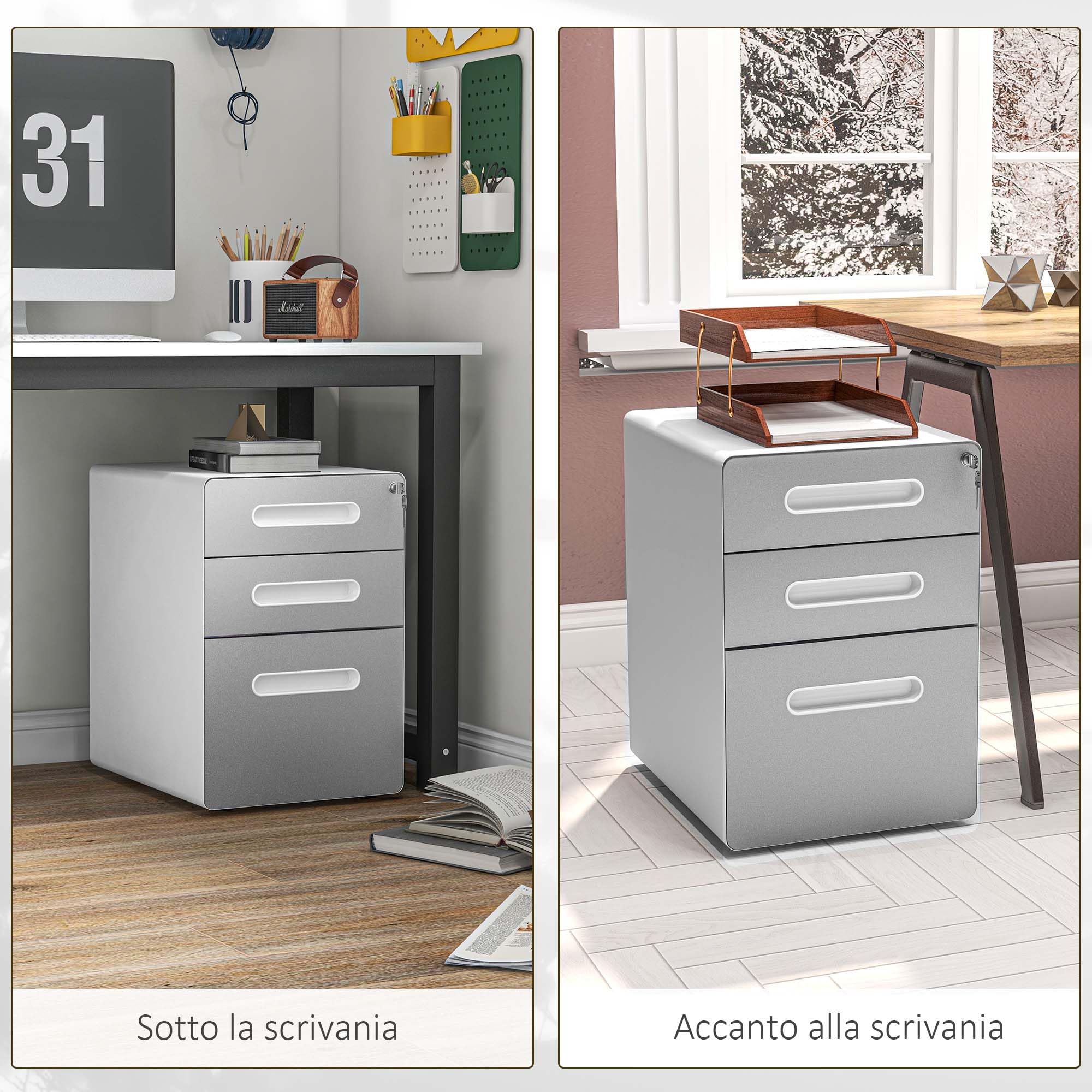 Vinsetto Cassettiera da Ufficio 3 Cassetti con Serratura, Grigio Chiaro | Ruote, Mobile per Ufficio, Portadocumenti Formato A4 Legale e Lettera