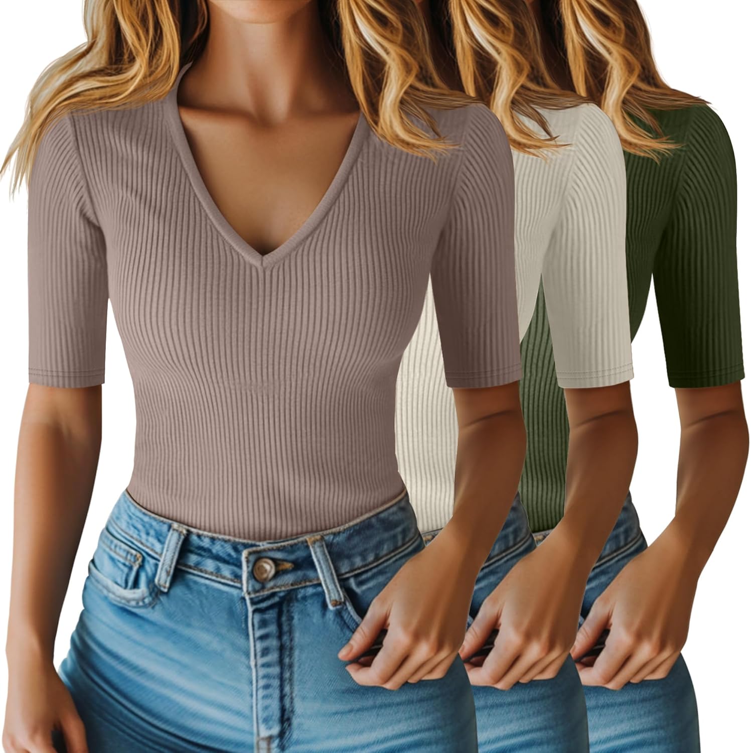 Riyiper 3 Pack Women's Half Sleeve Top Elbow Length Ribbed Cotton T Shirt Women V Neck Summer Tee Slim Fit Casual Blouses