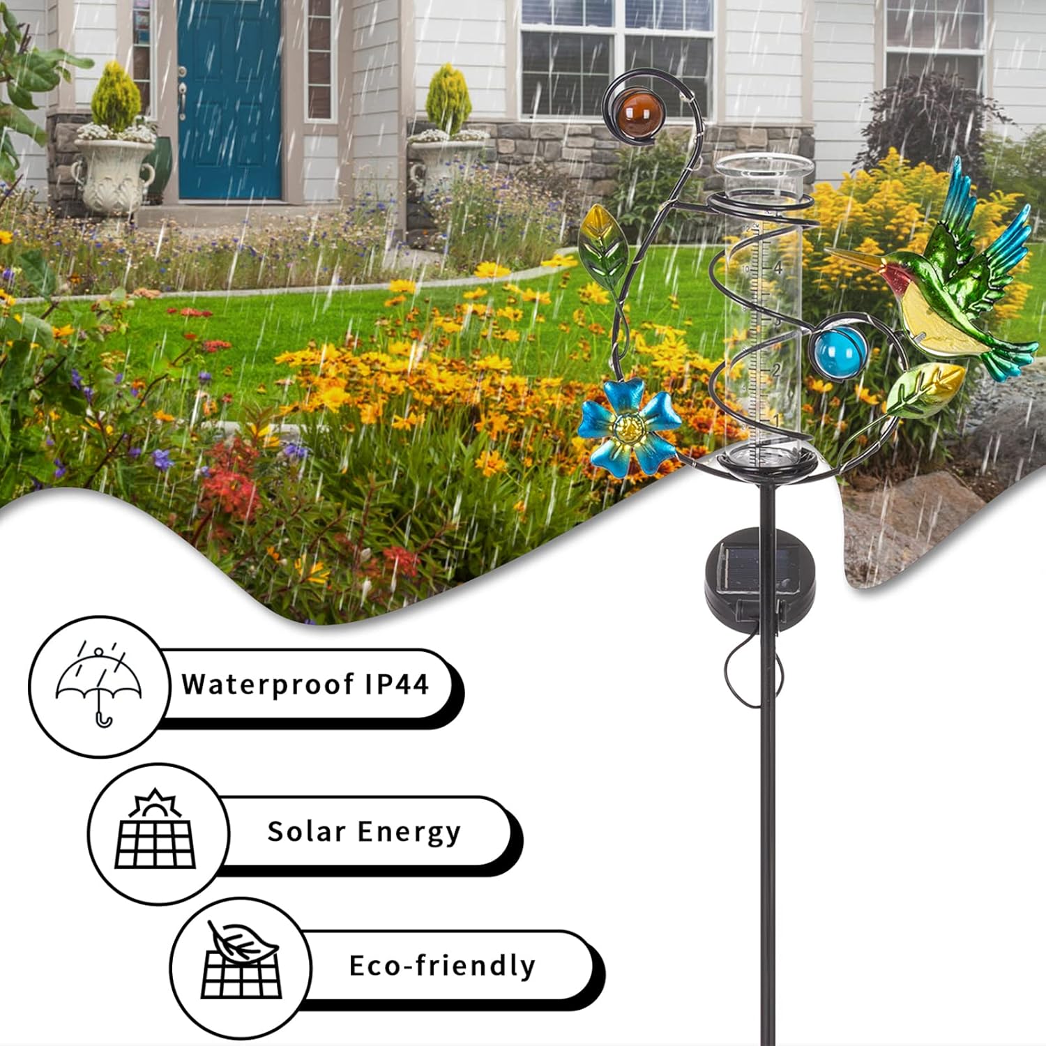 Stargarden Hummingbird Rain Gauge Outdoor Solar LED Lights Rain Gauge Decorative Waterproof for Yard Garden Patio Lawn