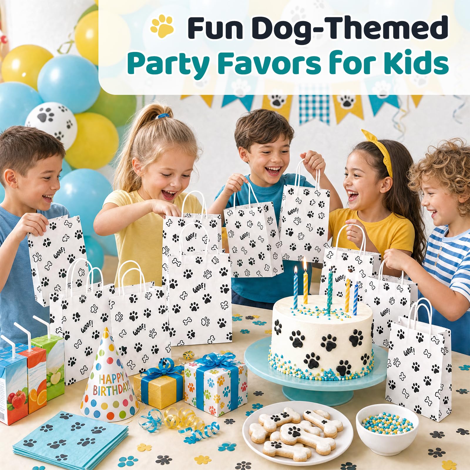 LovesTown 16 Pack Goodie Bags, 5.5 x 2.8 x 8 Inch Animal Party Favor Paw Prints Gift Bags with Handles for Dog Pet Themed Party Retail Grocery Bulk Supplies