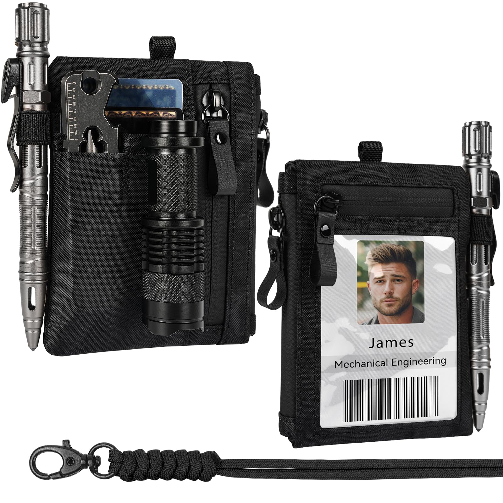 LIUGX Tactical ID Card Holder with RFID Blocking, Waterproof Zipper Pocket,Three-in-one Fabric,Neck Lanyard Key Ring,EDC Pouch & Credit Card Organizer
