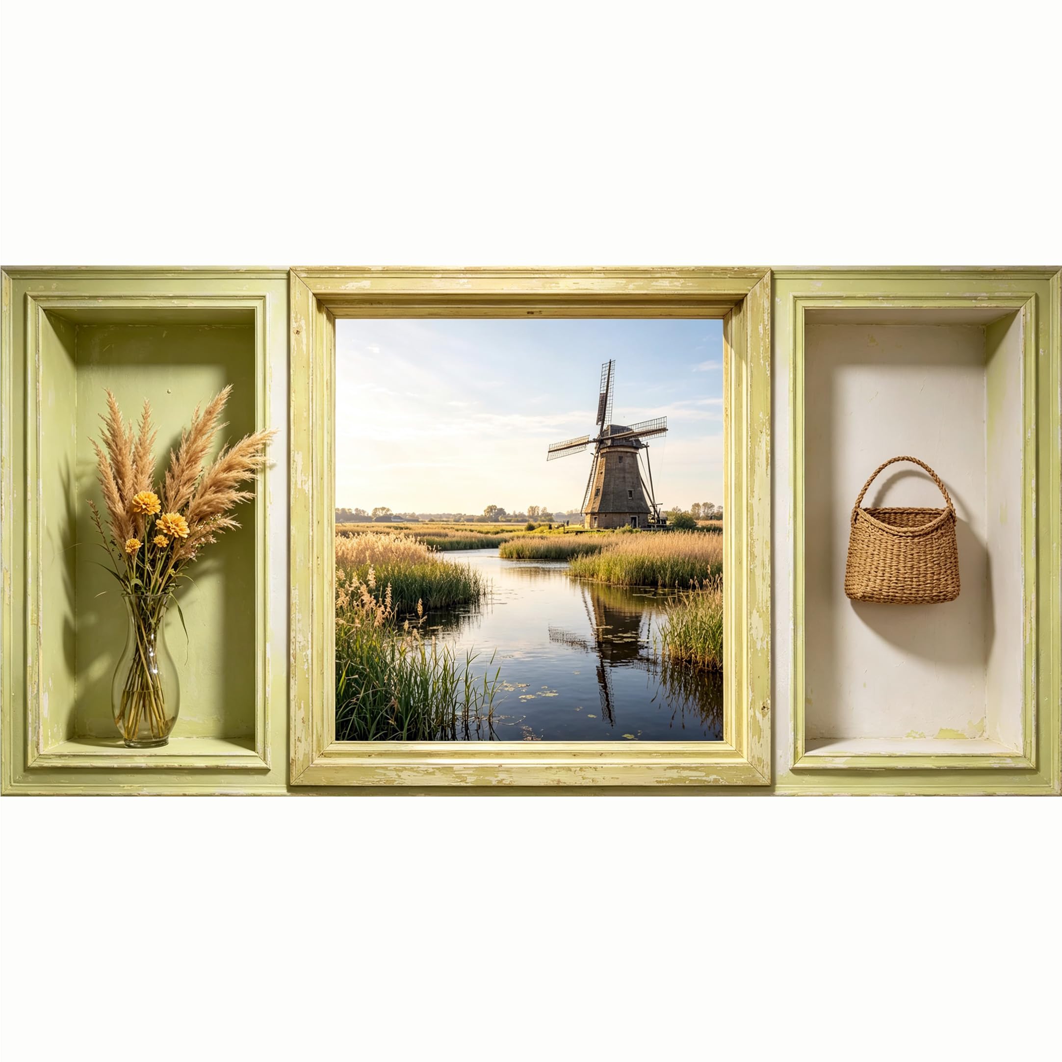 QZLITHOTIC 50x100cm 3D Framed Wall Art， Rustic Windmill Landscape Farmhouse Mural， Water‑Activated Peel & Stick Fabric Decor Wall Decal for Bedroom Living Room