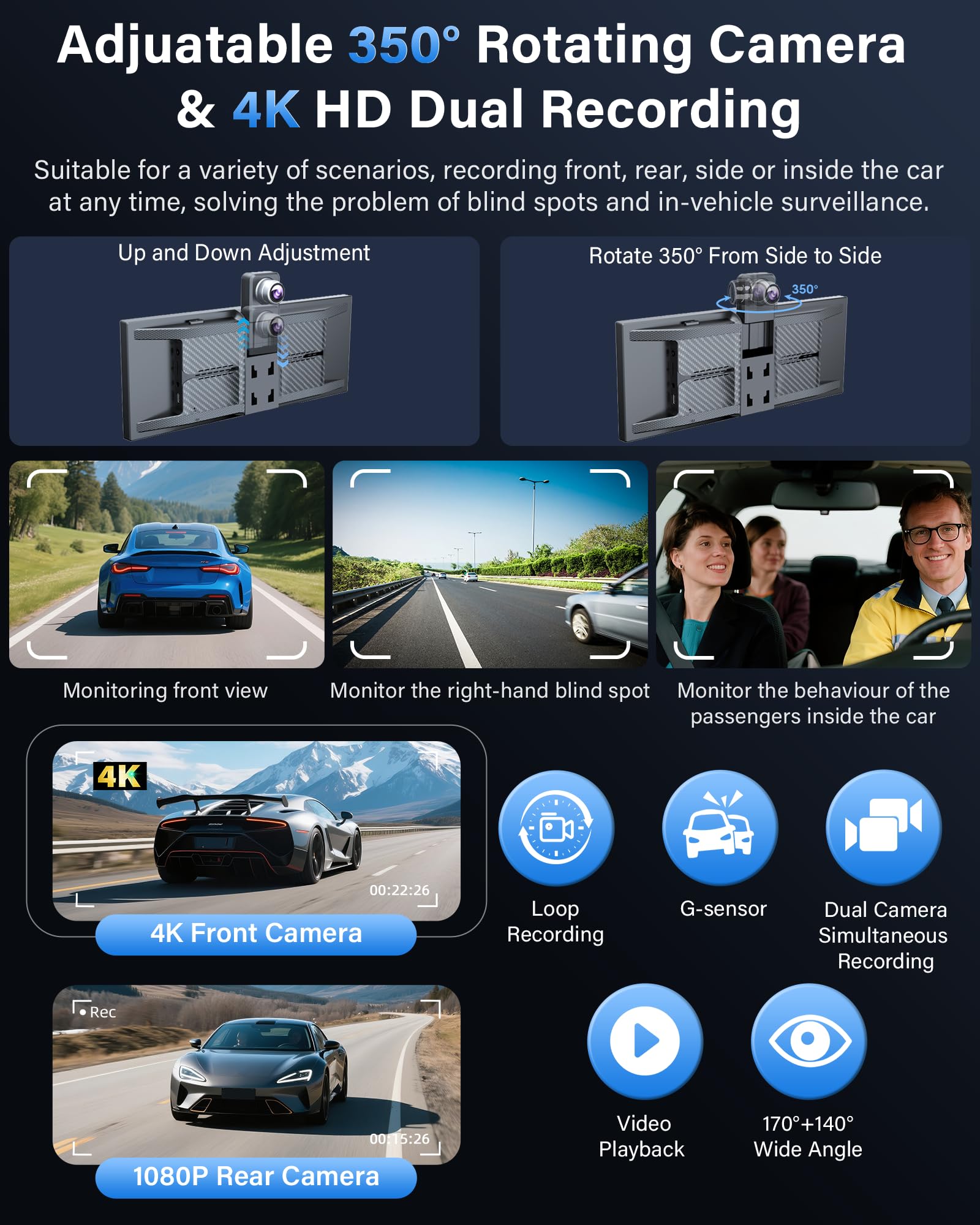 11,3'' Pantalla Carplay Android Auto con 4K Dashcam OEM Soporte de Pie | 350° Giratorio Cámara Frontal 4K + Cámara Trasera 1080P, BT Audio, Dispositivos de Navegación, Grabación en Bucle, General