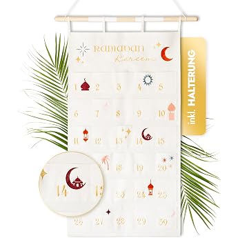 AMARI Ramadan Fabric Wall Calendar with Mounting Rod - Ramadan Calendar for Filling - Ramadan Craft Set