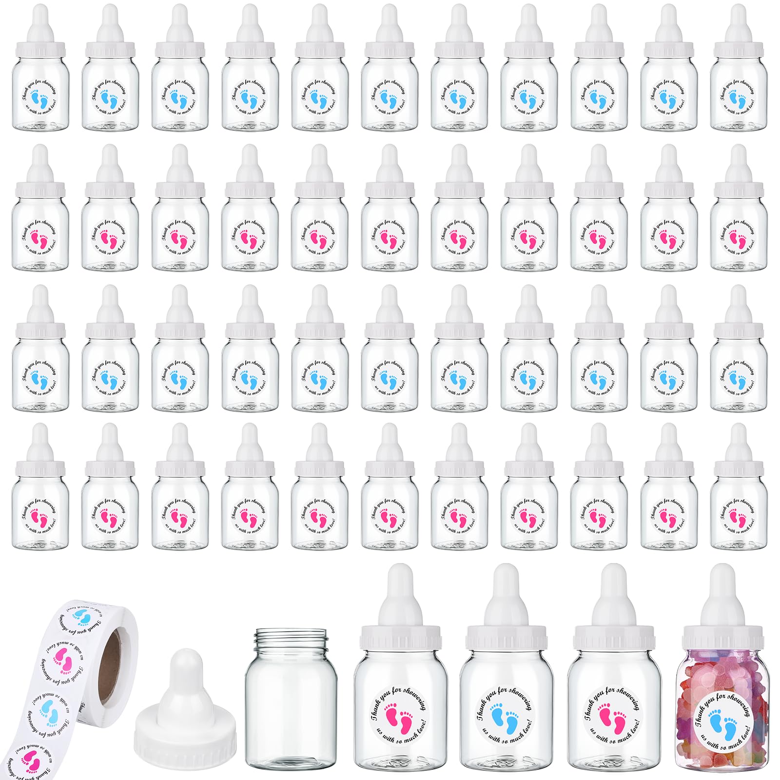 62 Pcs 3.5 Inch Baby Mini Milk Bottle Baby Shower Favor with 500 Adhesive Thank You for Showering Stickers, Small Plastic Candy Bottle DIY Gift for