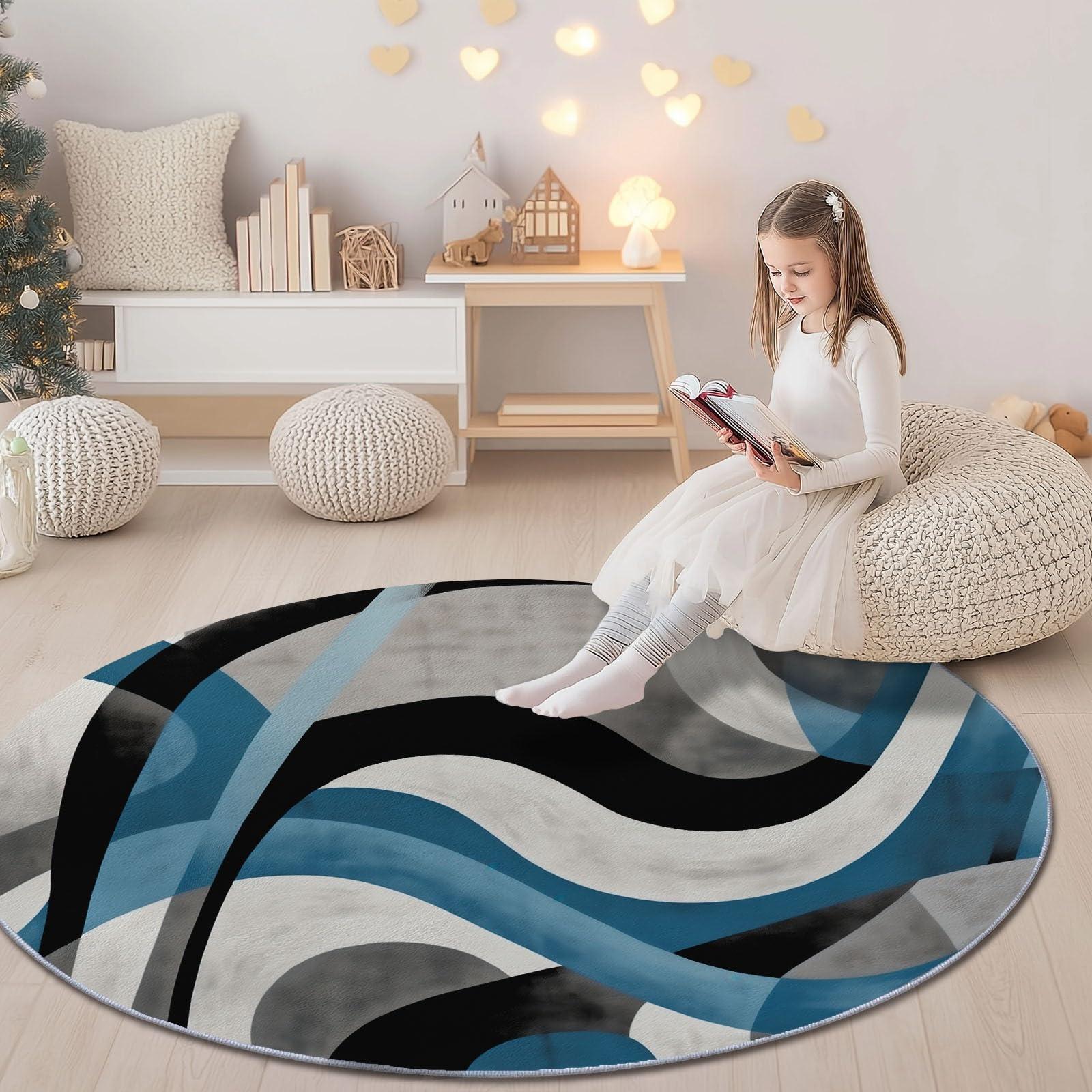 Générique Tapis Rond Salon 120 cm - Imprimé Moderne Abstrait Rayé Antidérapant Flanelle Douce Rond Tapis de Sol Décoration, Circulaire pour Salon Chambre Cuisine Bureau Couloir, Gris-Bleu