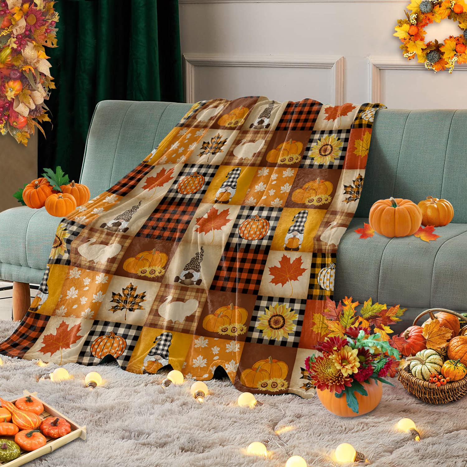 Chucoco Thanksgiving Blankets Fleece Throw Blanket 50x80In, Fall Pumpkin Maple Leaf Dwarf Soft Plush Flannel Blankets Vintage Check Lightweight Fuzzy Bed Throws for Couch/Sofa/Chair