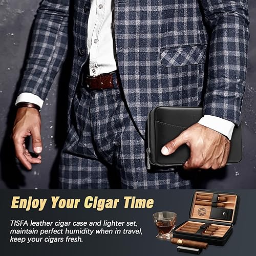 Miniatura 8 de TISFA Humidor de puros, estuche de madera de cedro de cuero con encendedor de puros, cortador de puros de corte en V, soporte de puros 3 en 1, caja
