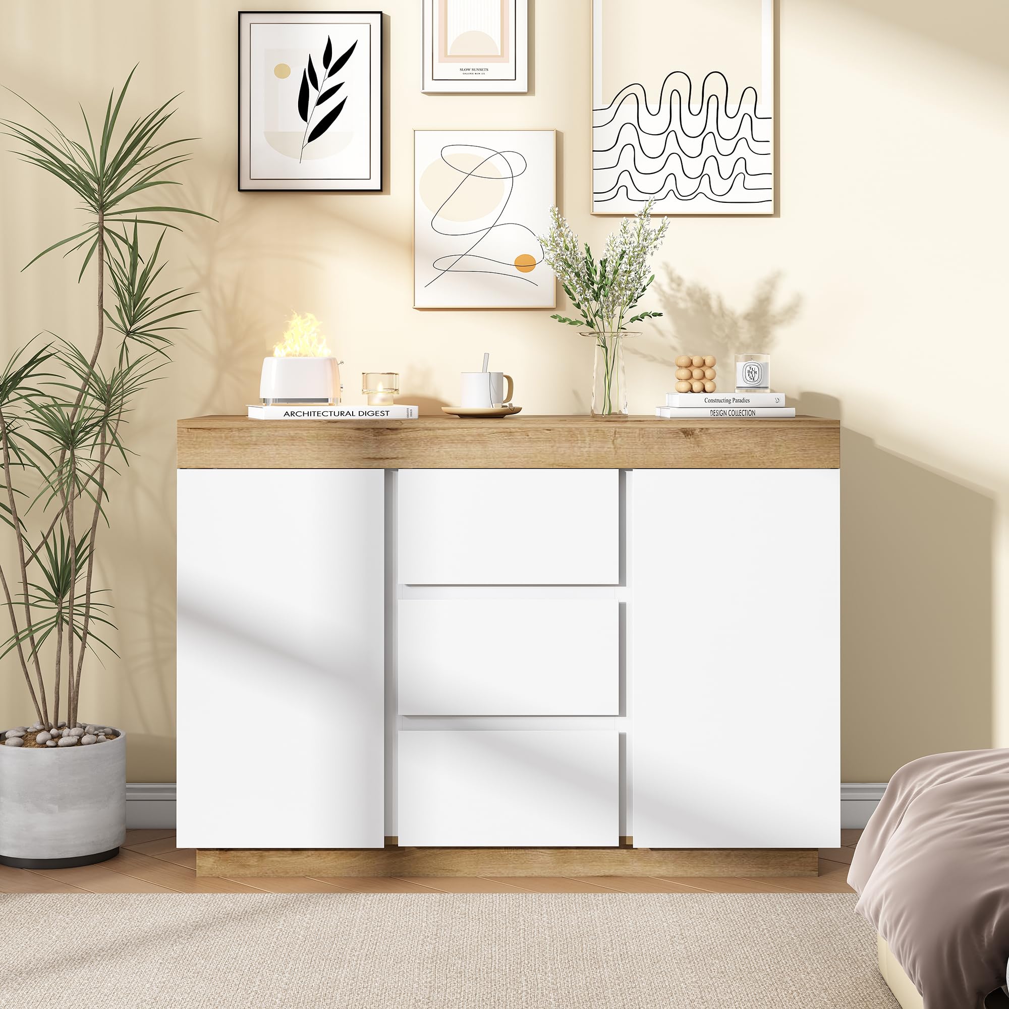 Commode à 3 Tiroirs et 2 Portes en Panneau de Particules E1 - Fonction de Rangement Pour Salon, Chambre à Coucher, Chambre d'enfant, Chambre d'adolescent et Bureau - 120 X 40 X 82 Cm - Blanc et ChêNe