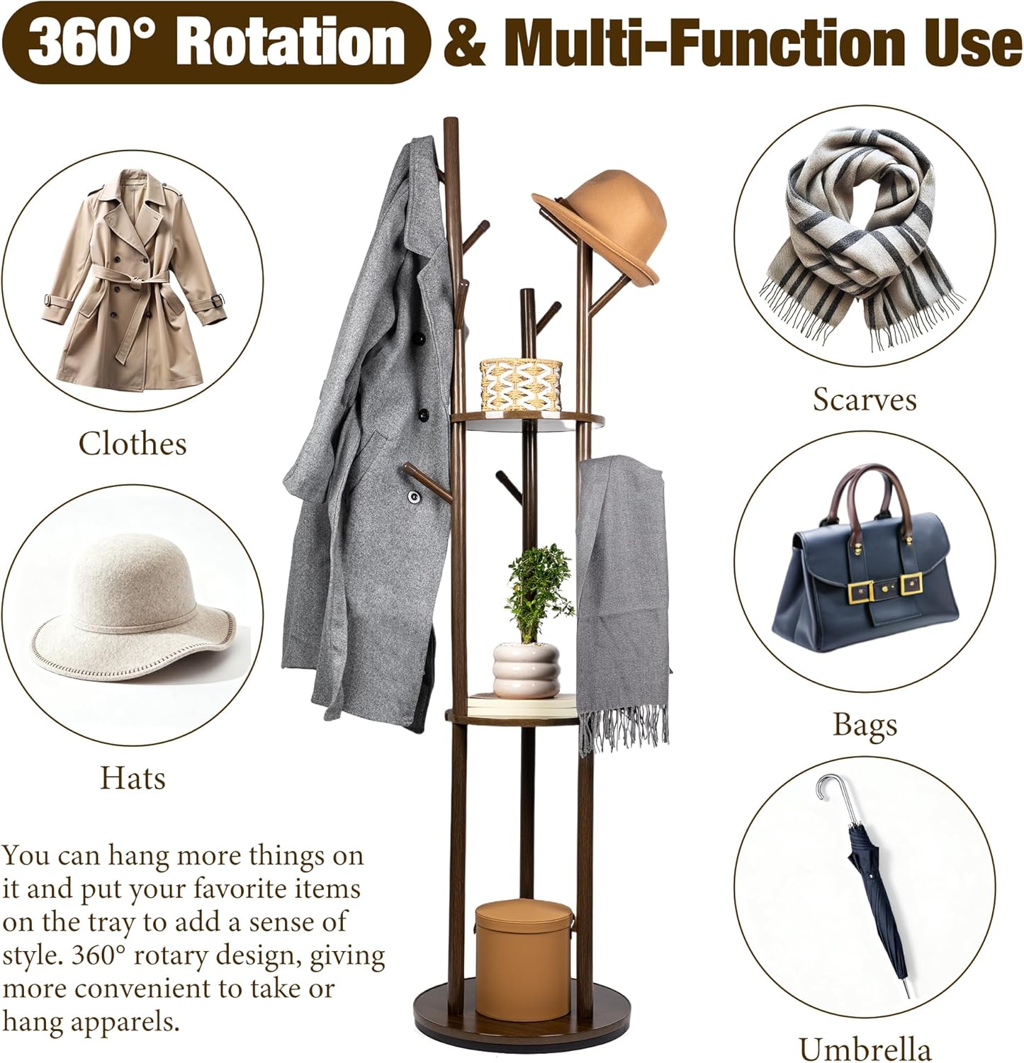 Rotary Wood Coat Rack Hanger Stand Freestanding Clothes Coat Tree with 3 Shelves and 9 Hooks for Entryway Bedroom Livingroom Office Corner