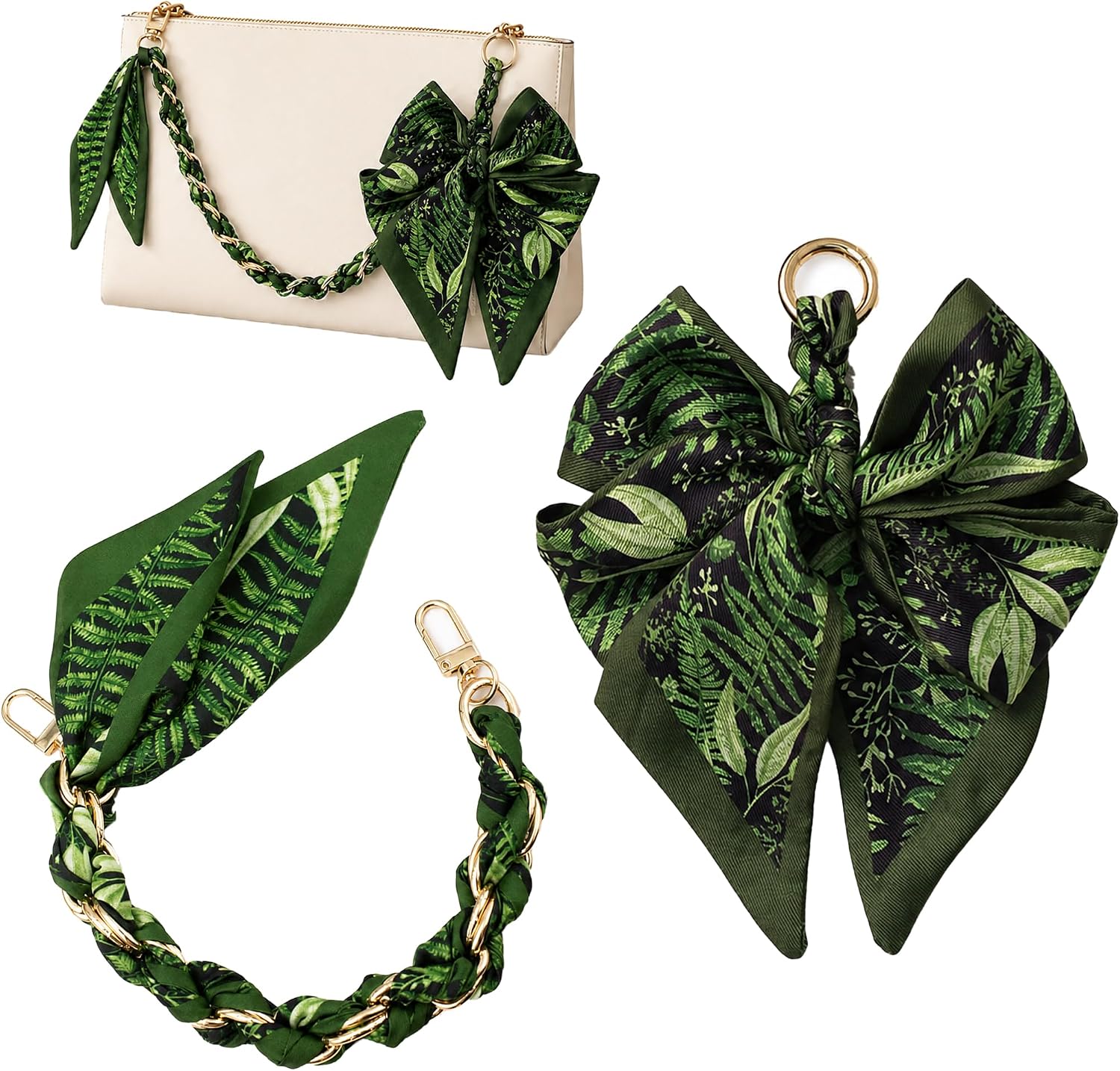 Green Plant Print Bow Bag Charm for Handbags with 12.6in Chain Set, Versatile Modular Decoration to Refresh Old Bags without Deformation, for Office Commute and Daily Wear, 2-Piece Alloy Metal Kit