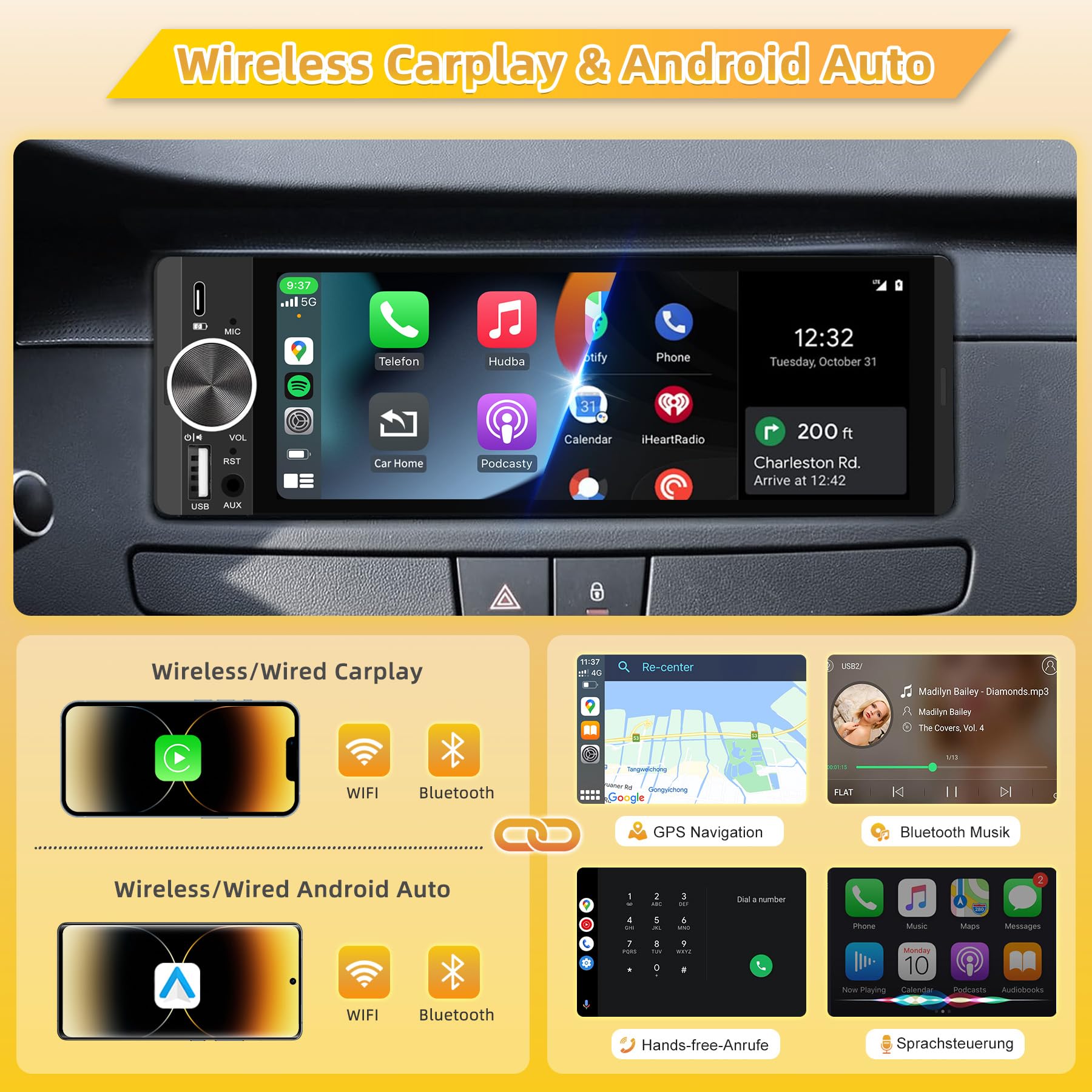Autoradio mit Bildschirm, Single-DIN, Kabelloses CarPlay und Android Auto, 6,28-Zoll-Touchscreen mit Bluetooth, WLAN, MirrorLink, FM-Radio, Lenkradsteuerung, Equalizer, USB-C-Anschluss, Rückfahrkamera