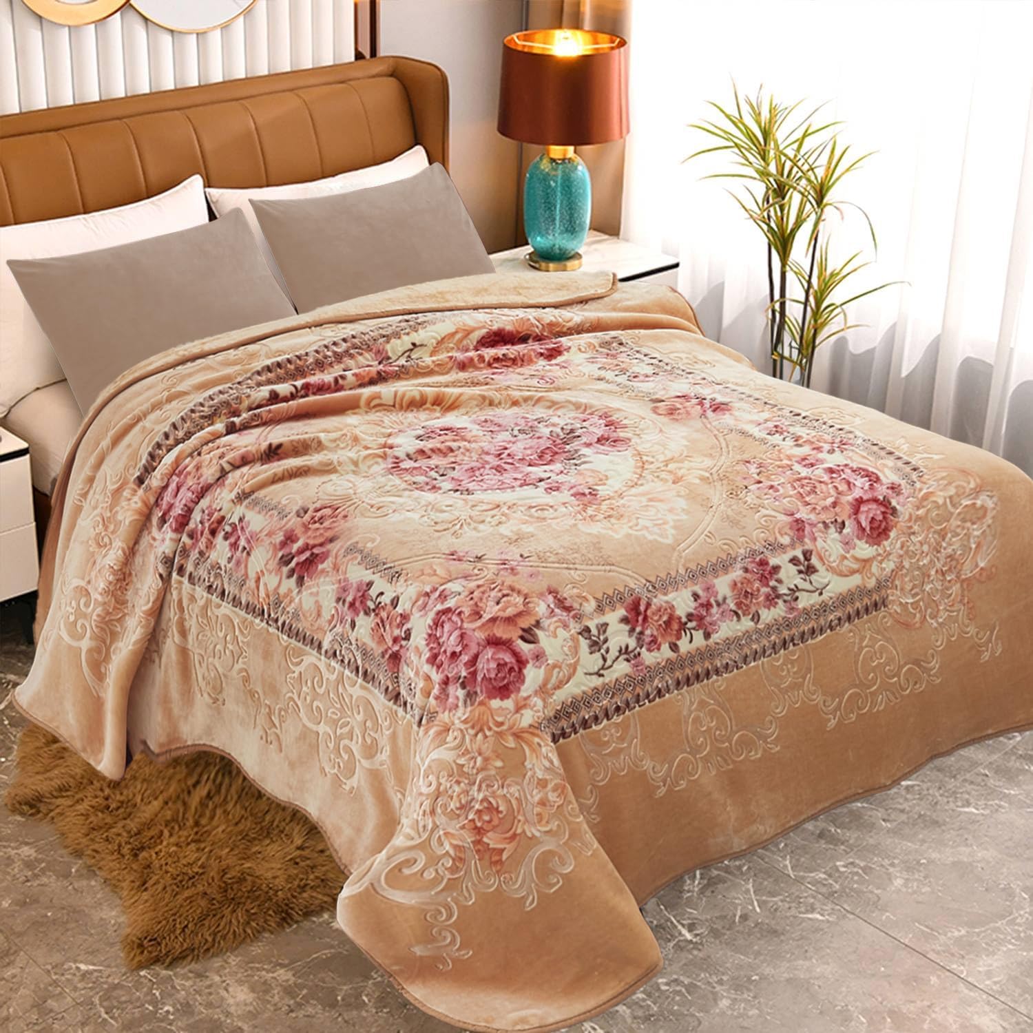 JYK Plush Fleece Blanket King Size 85" x 95", 9 Pounds Heavy Thick Raschel Winter Blanket- Silky Soft Warm Microfiber Bed Blanket, 1 Ply & 2 Sides Printed & Embossed Fuzzy Blanket, Ginger Flower
