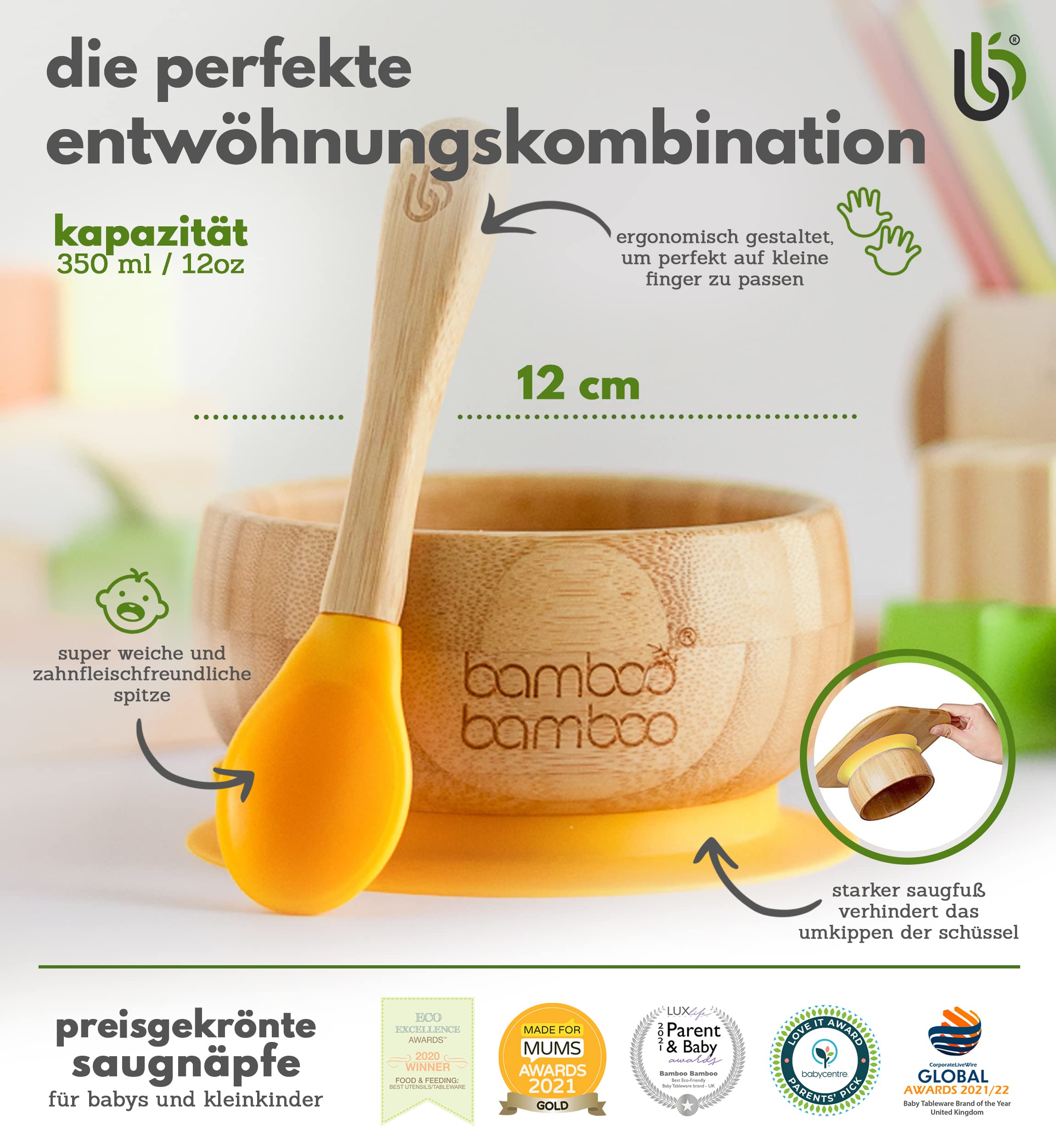Bamboo Baby Schüssel und Löffel - Schalen zum Abstillen, Teller ab 6 Monaten (Gelb)