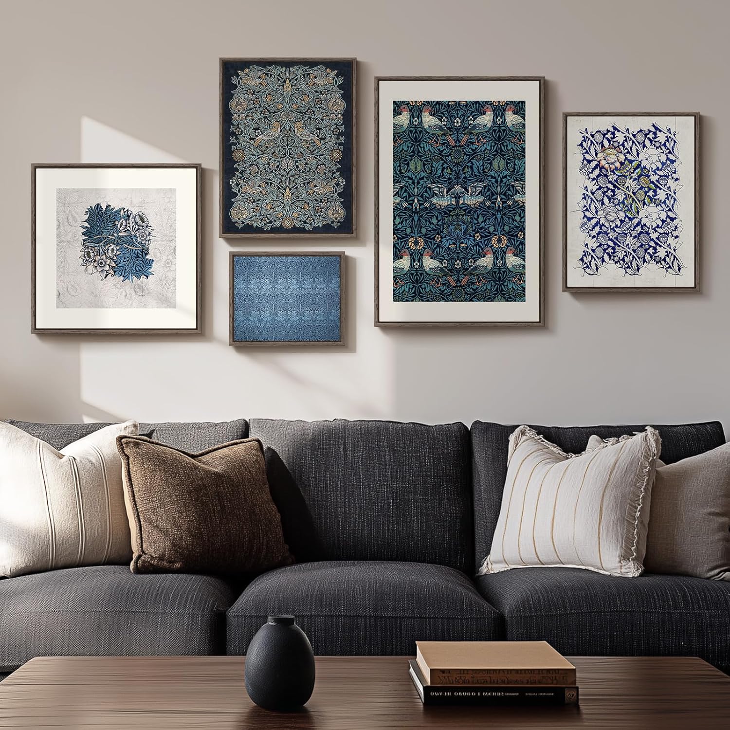 Framed William Morris Wall Art for Living Room, 5 Piece Large Vintage Blue Canvas Prints Set, Floral Botanical and Bird Pattern Aesthetic Decor for Bedroom, Hallway, Home Office, Kitchen, Guest Room 8"x10"x1Pc+12"x16"x2Pcs+16"x16"x1Pc+16"x24"x1Pc Vintage