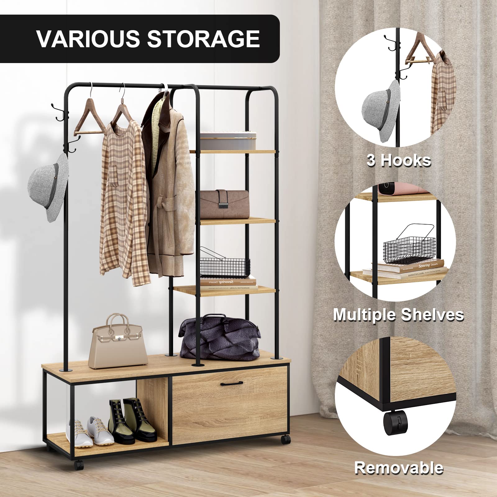 eSituro Perchero Ropa con 5 Estantes y Zapatero Industrial con Rueadas, para Entrada Recibidor con 3 Ganchos y 1 Armario con Puerta, Madera+Acero, Roble Claro + Negro