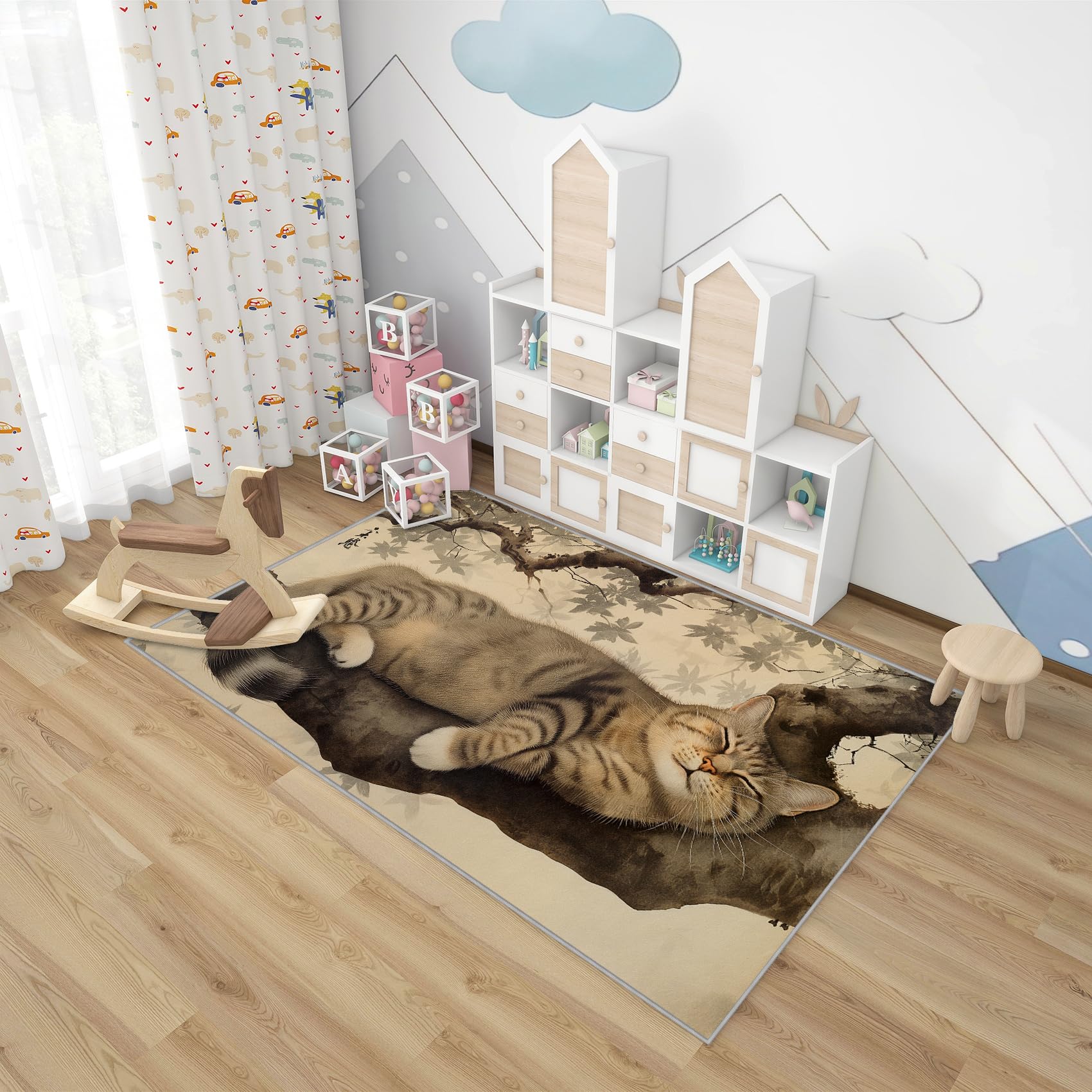 Katzenmotiv Teppich für Wohnzimmer und Schlafzimmer - Süße Kätzchen, Weich Kurzflor, Waschbar, Rutschfest, Fussmatte Innen, Kinderteppich 80x150 cm