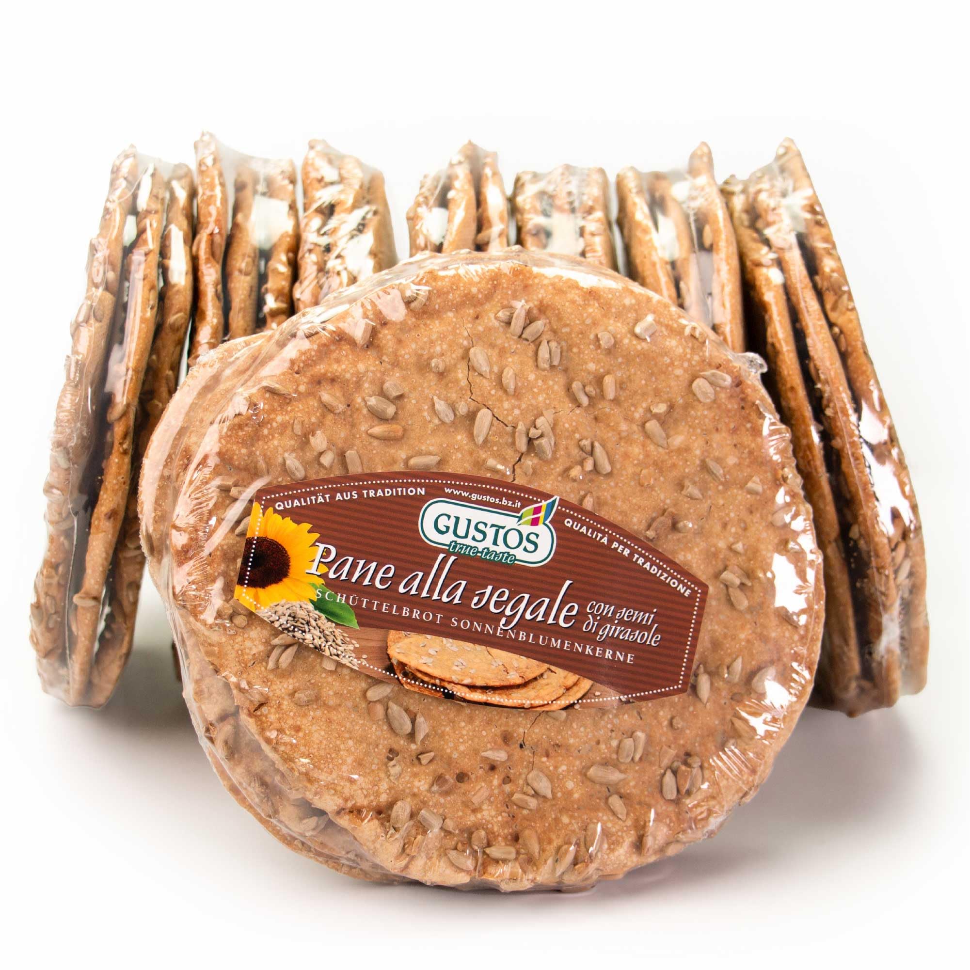 GUSTOS - Südtiroler Schüttelbrot aus Roggenmehl mit Sonnenkerne. 8 Packungen zu jeweils 150g - Knusprig und leicht verdaulich