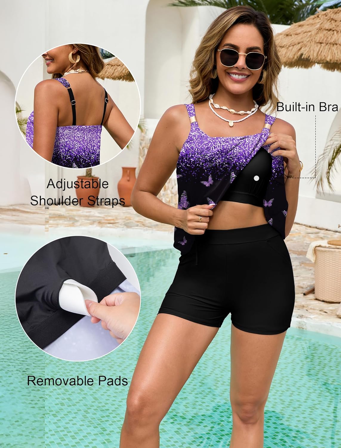 Arolina Tankini Swimsuits for Women 2 Piece Ruffle High Waisted Bathing Suit Built in Bra Stretchy Swimwear 2025 Summer Purple Butterfly - Image 3