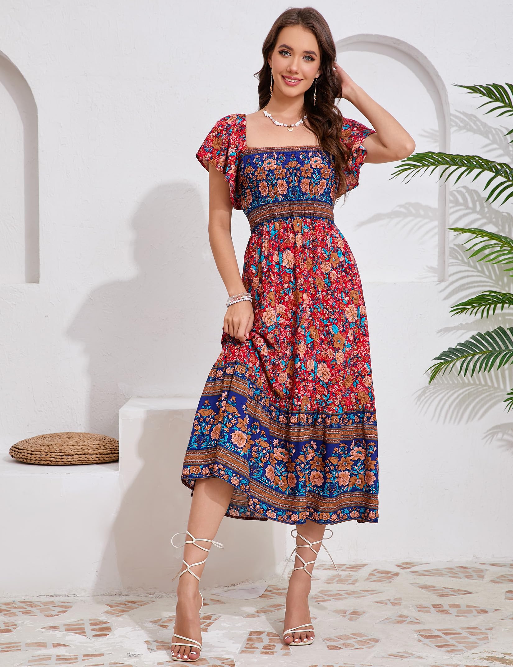 KOJOOIN Robe d'été bohème à manches courtes pour femme - Robe longue smockée - Robe de plage longue - Robe florale à volants - Robe de loisirs (emballage réutilisable)